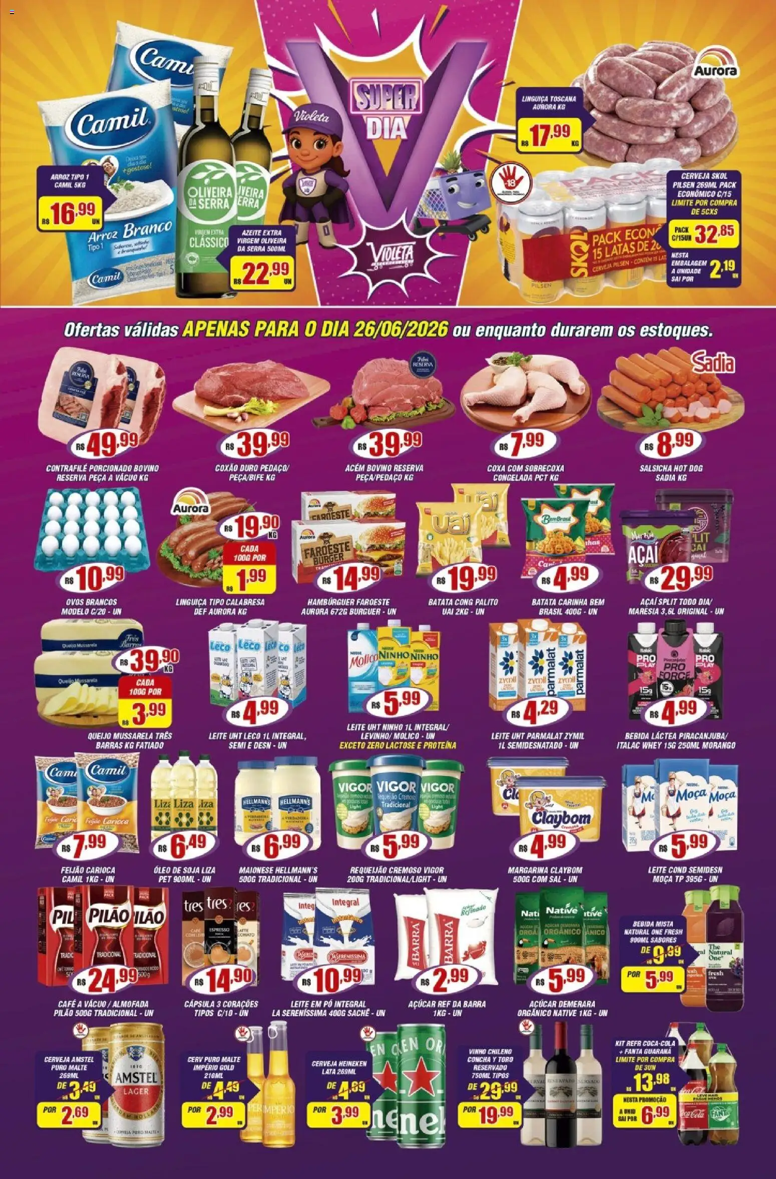 Violeta Supermercados Folheto - válido de 26/06/2026 | Página: 1 | Produtos: Linguiça, Leite, Batata, Soja