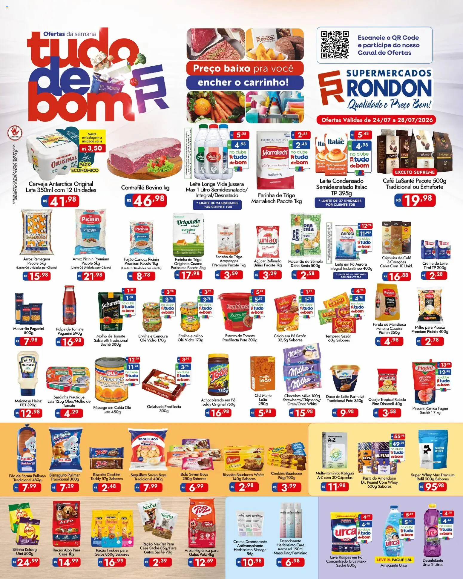 Supermercados Rondon Folheto - válido de 24/07/2026 | Página: 1 | Produtos: Pêssego, Roupas, Açúcar, Pasta de amendoim