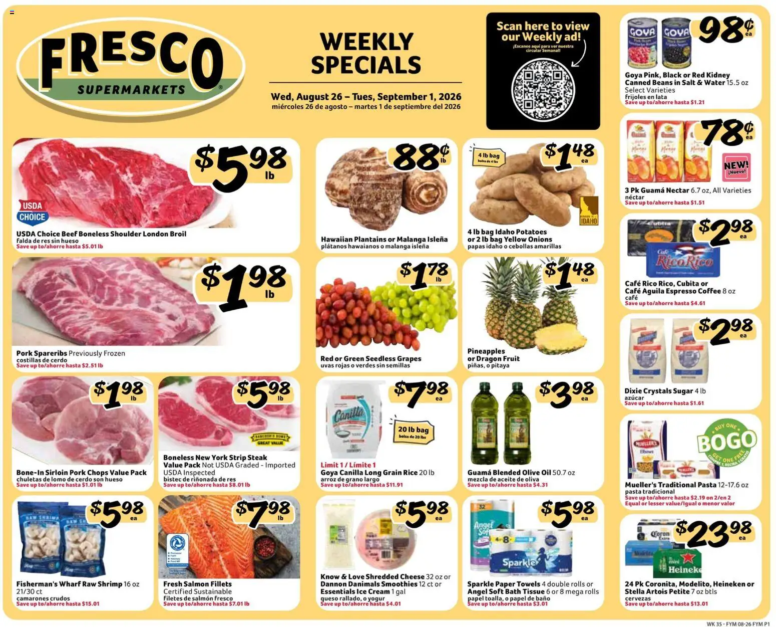 Fresco y Más Weekly Ad - valid from 08/26/2026 | Page: 1 | Products: Heineken, Grapes, Bag, Steak