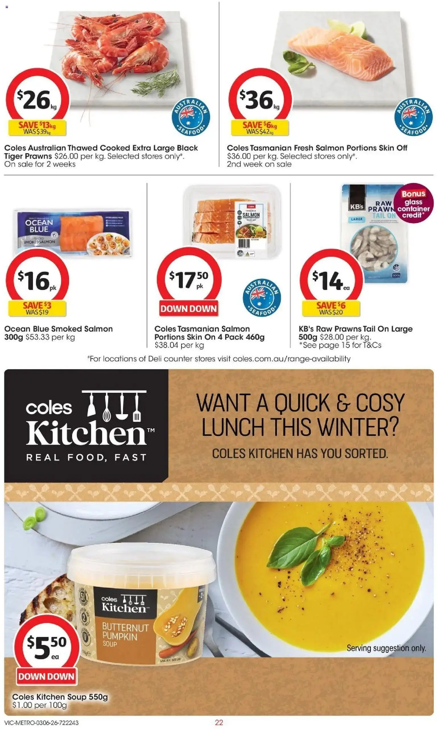 Coles catalogue - valid from 02.06.2026 | Page: 22 | Products: Prawns, Salmon, Soup, Pumpkin