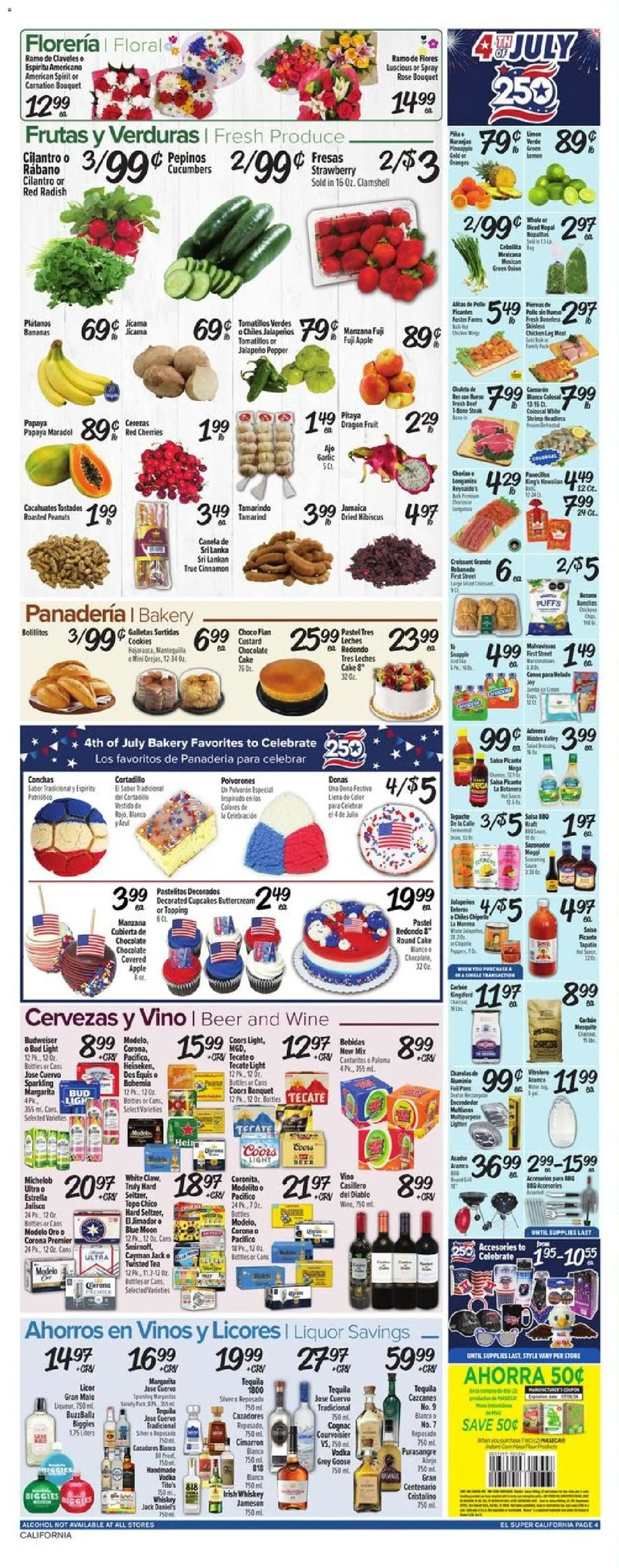 El Super Weekly Ad - CA - valid from 07/01/2026 | Page: 4 | Products: Cherries, Beer, Vodka, Whiskey