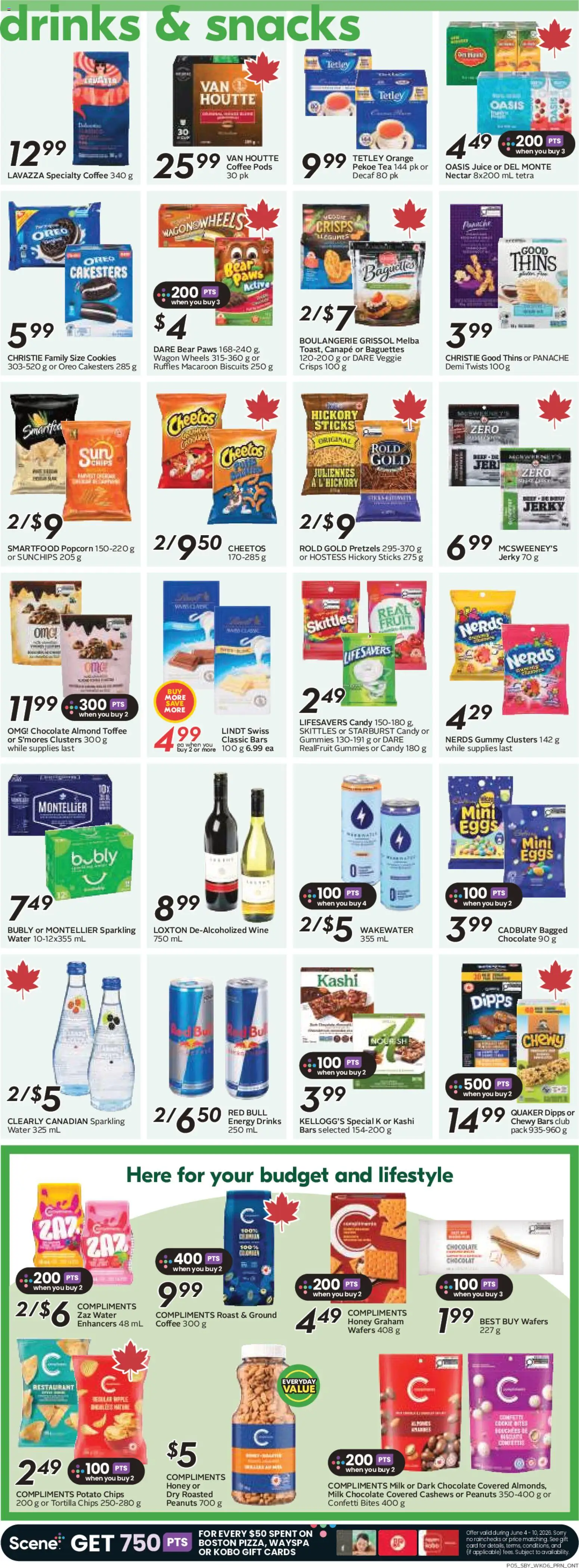Sobeys flyer valid from 04.06.2026 | Page: 8 | Products: Tea, Chips, Milk, Wine
