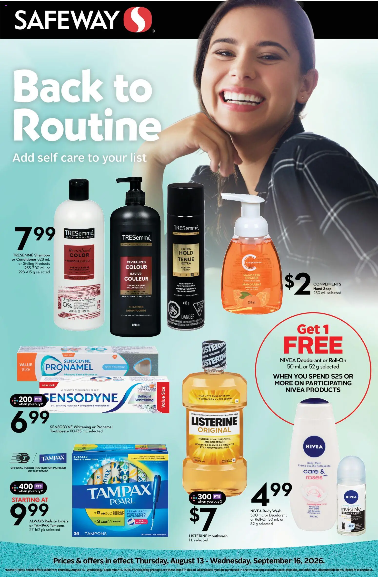 Safeway flyer valid from Aug 13, 2026 | Page: 1 | Products: Lime, Listerine, Shampoo, Tampons