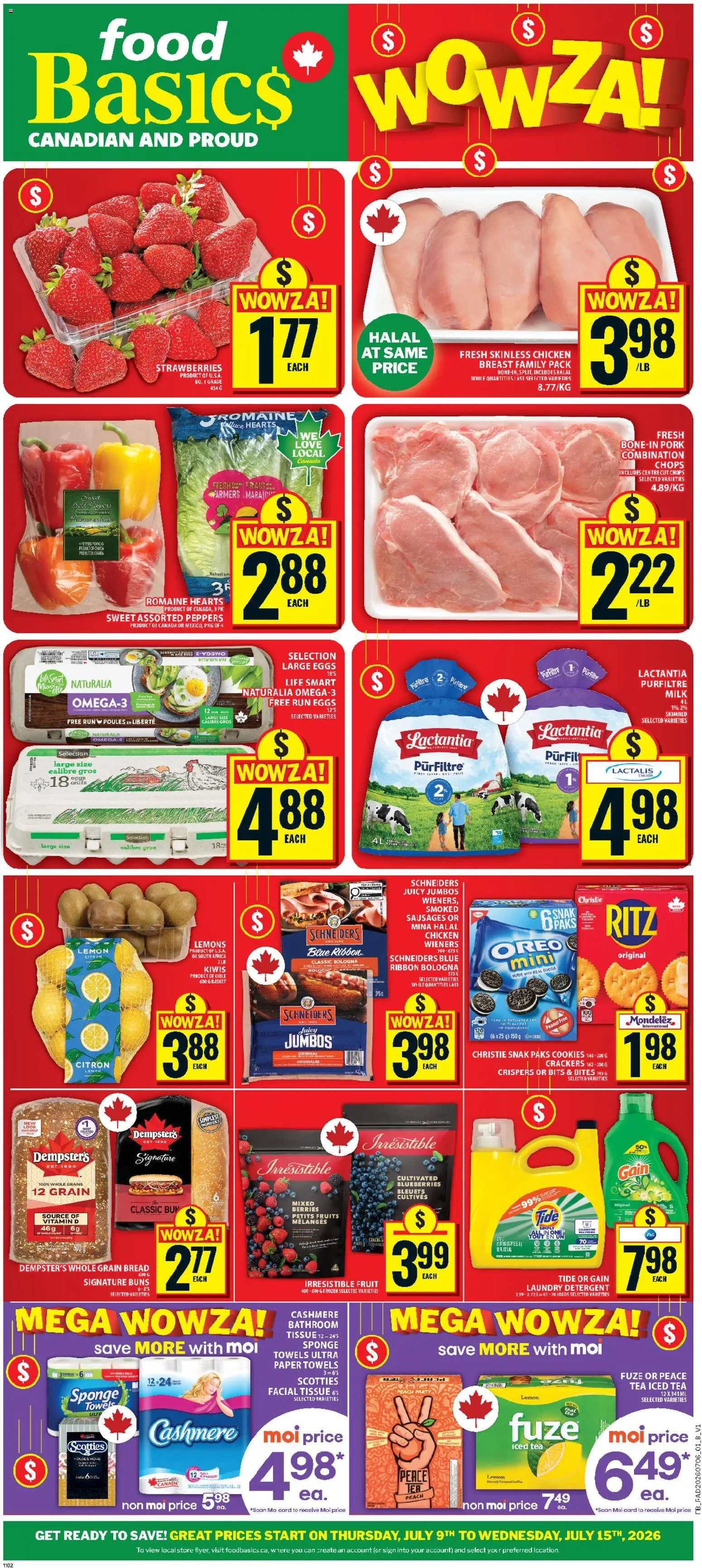 Food Basics flyer valid from Jul 9, 2026 | Page: 1 | Products: Strawberries, Detergent, Basket, Eggs