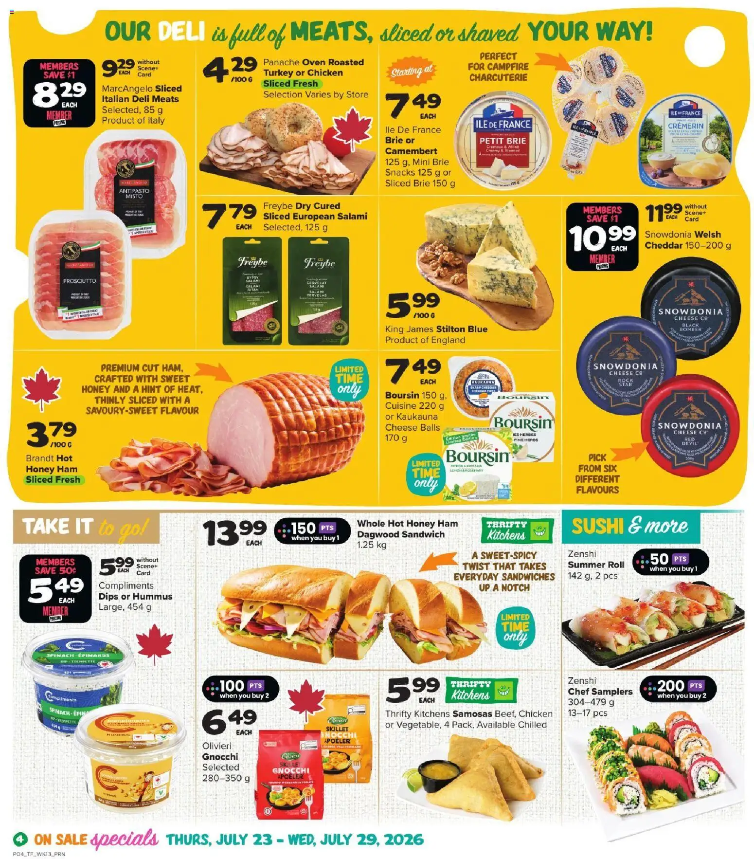 Thrifty Foods flyer valid from Jul 23, 2026 | Page: 5 | Products: Hummus, Spinach, Cheddar, Chicken