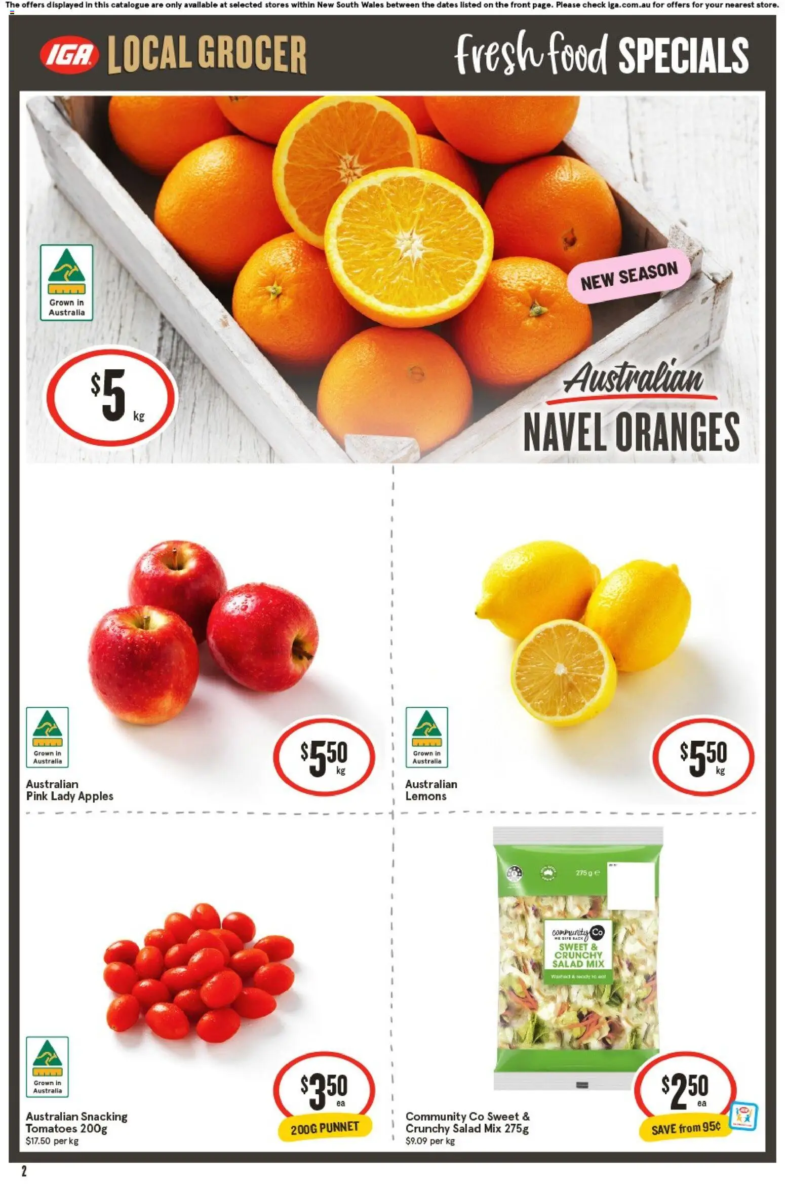 IGA catalogue - valid from 27.05.2026 | Page: 2 | Products: Apples, Oranges, Tomatoes, Salad