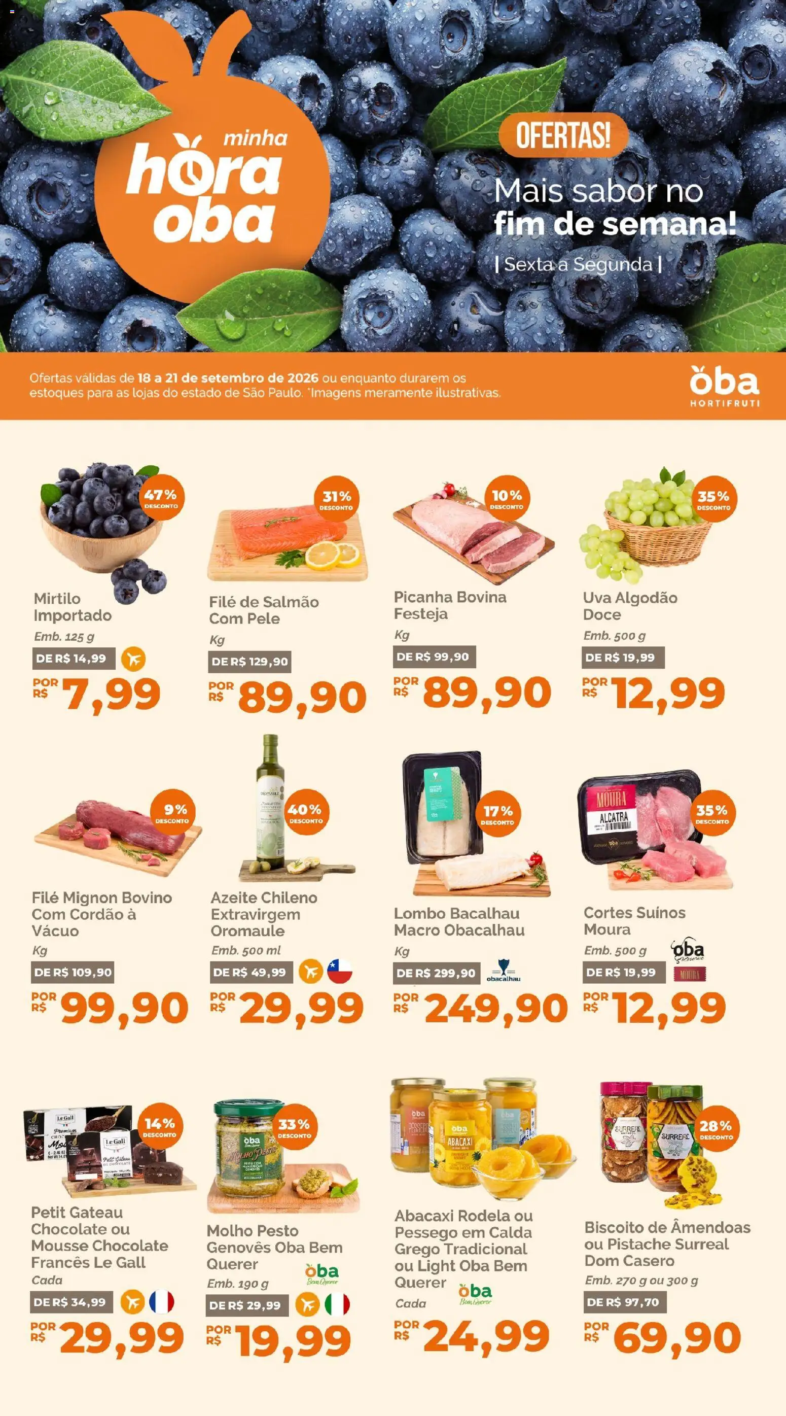 Oba Hortifruti Folheto - válido de 18/09/2026 | Página: 1 | Produtos: Mirtilo, Bacalhau, Abacaxi, Amêndoas