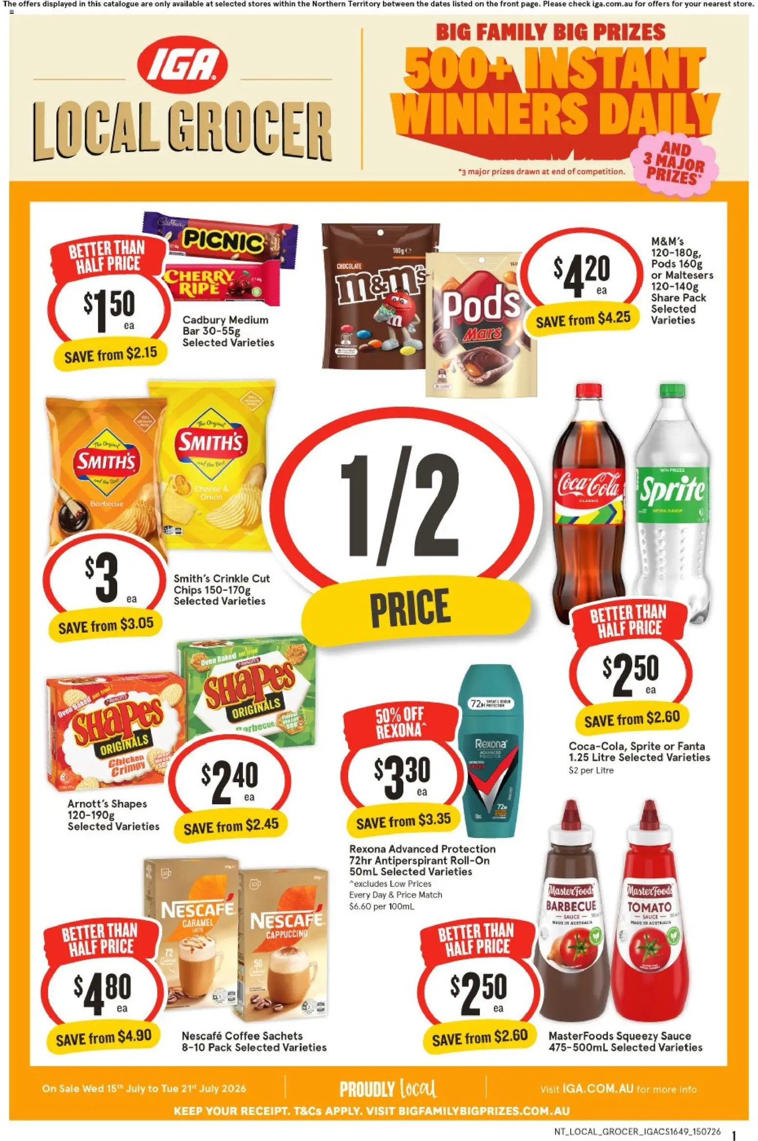 IGA catalogue - valid from 15/07/2026 | Page: 1 | Products: Antiperspirant, Coca Cola, Sauce, Oven