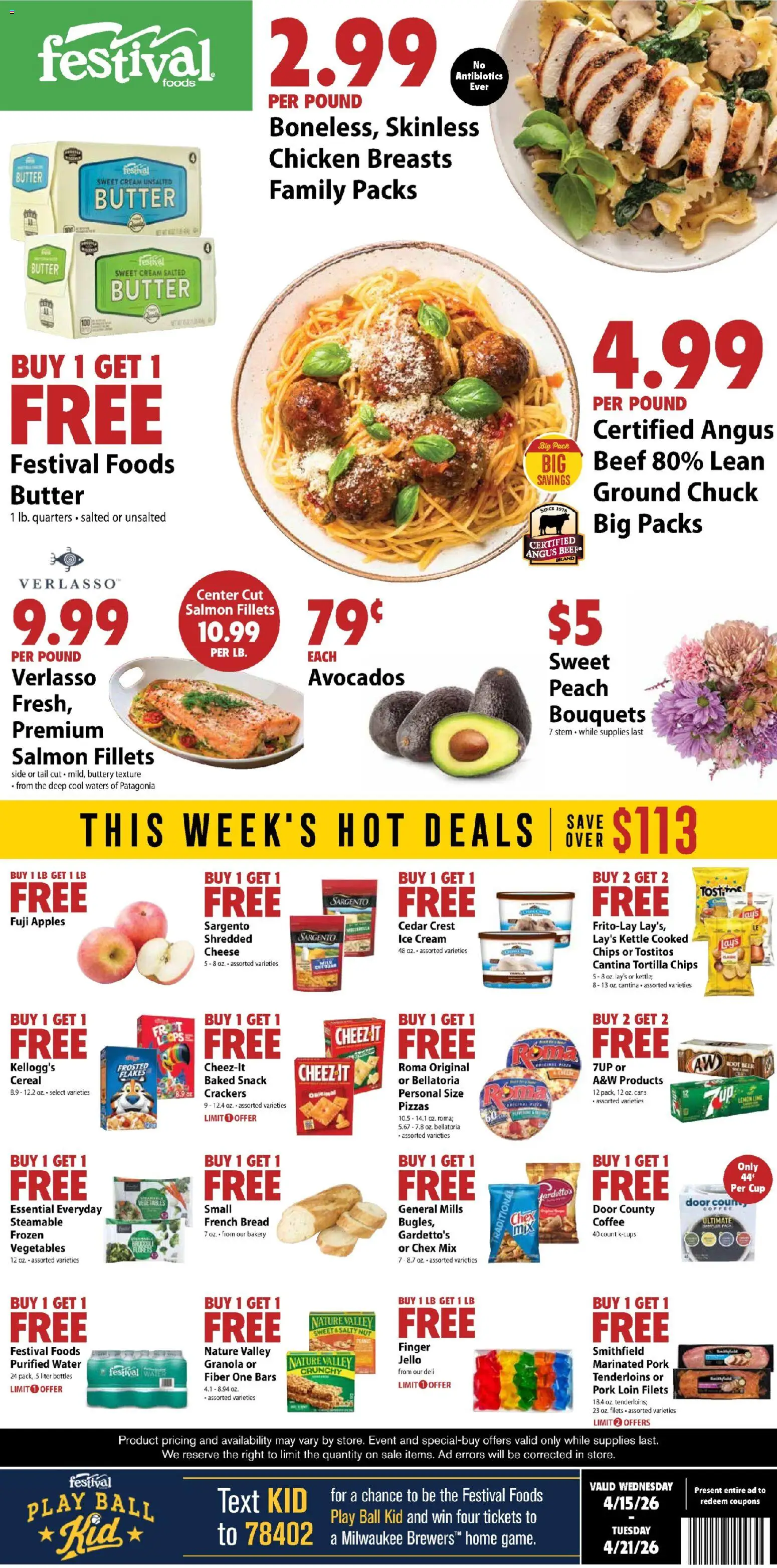 Festival Foods Weekly Ad - valid from 15.04.2026 | Page: 1 | Products: Coffee, Chips, Cream, Water