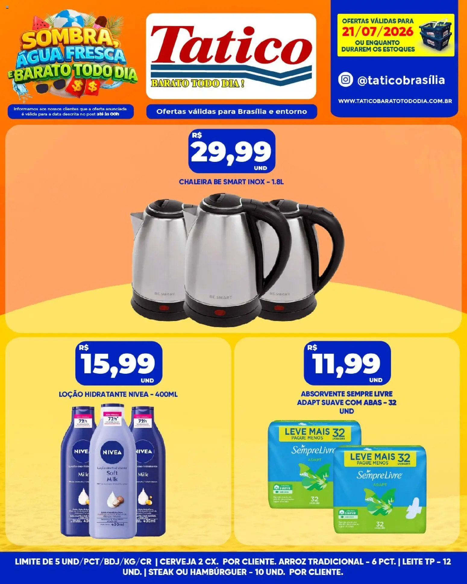 Tatico Folheto - válido de 21/07/2026 | Página: 12 | Produtos: Chaleira, Cerveja, Arroz, Hambúrguer