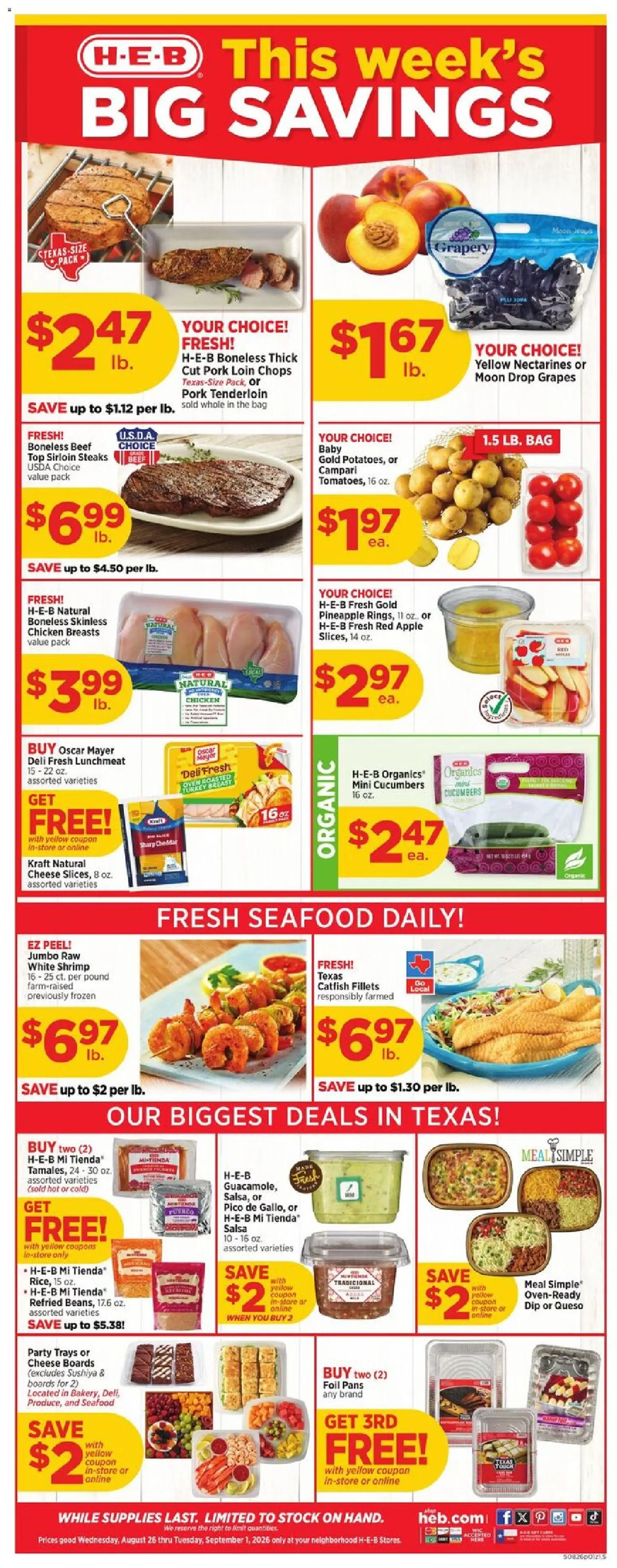 H-E-B Weekly Ad - valid from 08/26/2026 | Page: 1 | Products: Foil, Pork, Beef, Seafood