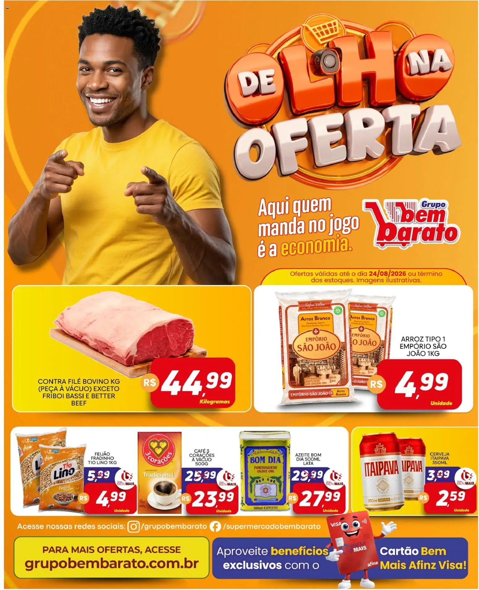 Supermercado Bem Barato Folheto - válido de 18/08/2026 | Página: 1 | Produtos: Contra filé, Café, Cerveja, Azeite