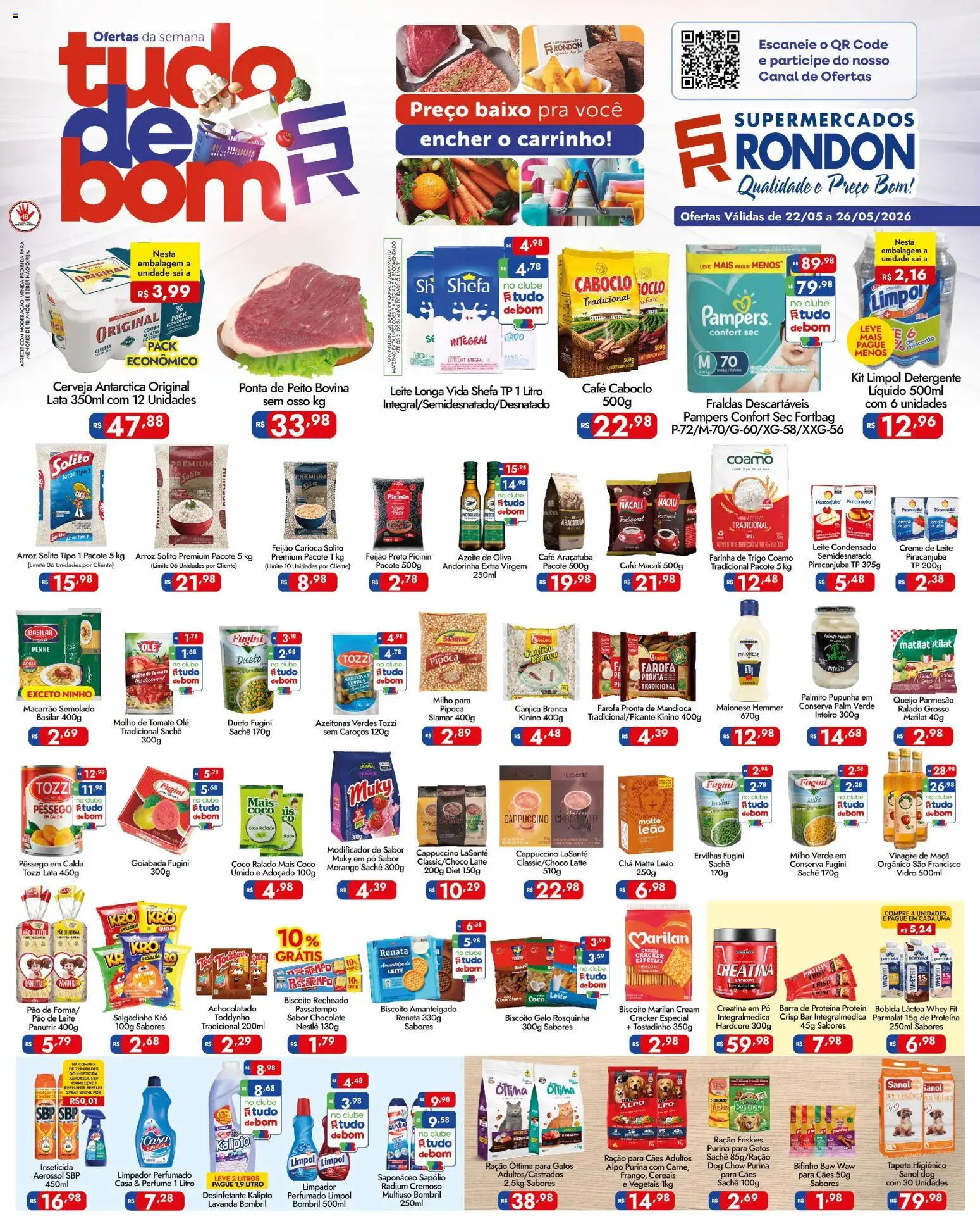 Supermercados Rondon Folheto - válido de 22.05.2026 | Página: 1 | Produtos: Coco, Pêssego, Queijo parmesão, Rosquinha