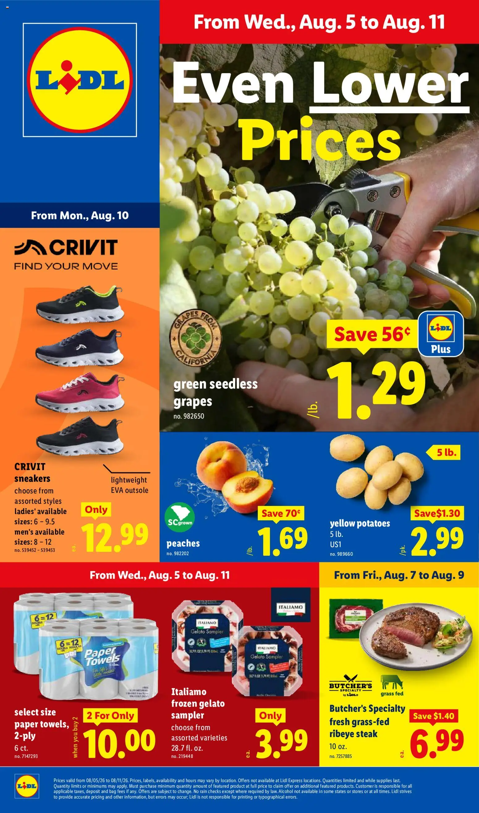 Lidl Weekly Ad - valid from 08/05/2026 | Page: 1 | Products: Peaches, Potatoes, Sneakers, Bag