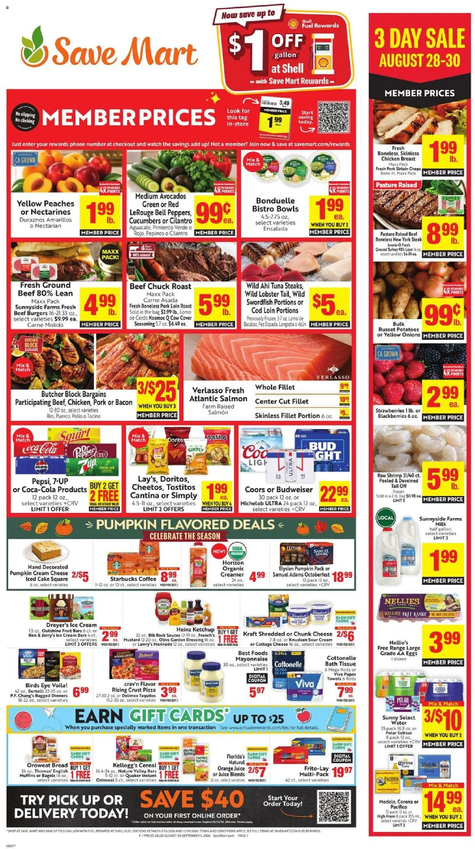Save Mart Weekly Ad - valid from 08/26/2026 | Page: 1 | Products: Strawberries, Lemon, Dressing, Salmon