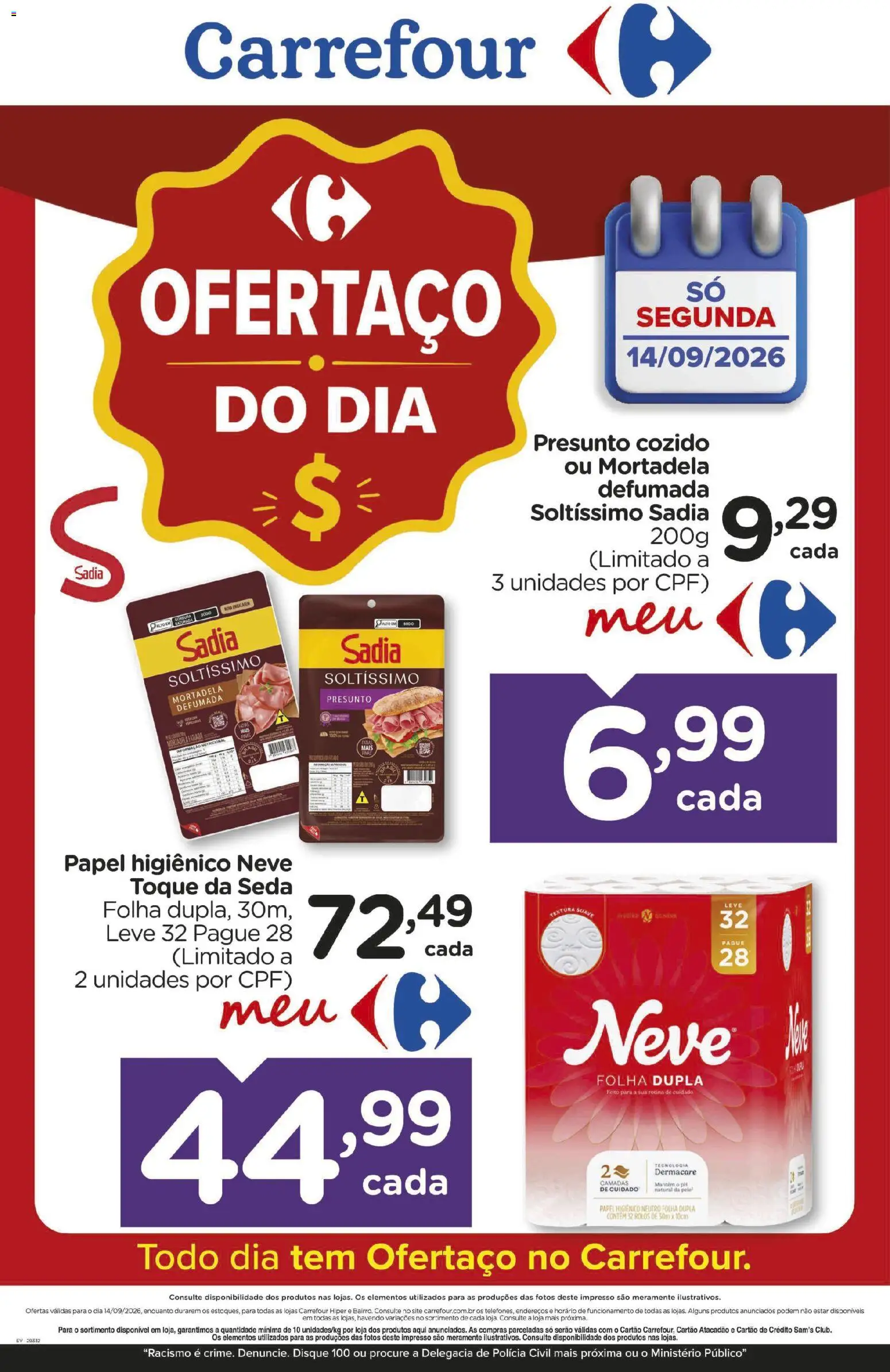Carrefour Folheto - válido de 14/09/2026 | Página: 1 | Produtos: Presunto, Mortadela, Papel higiênico