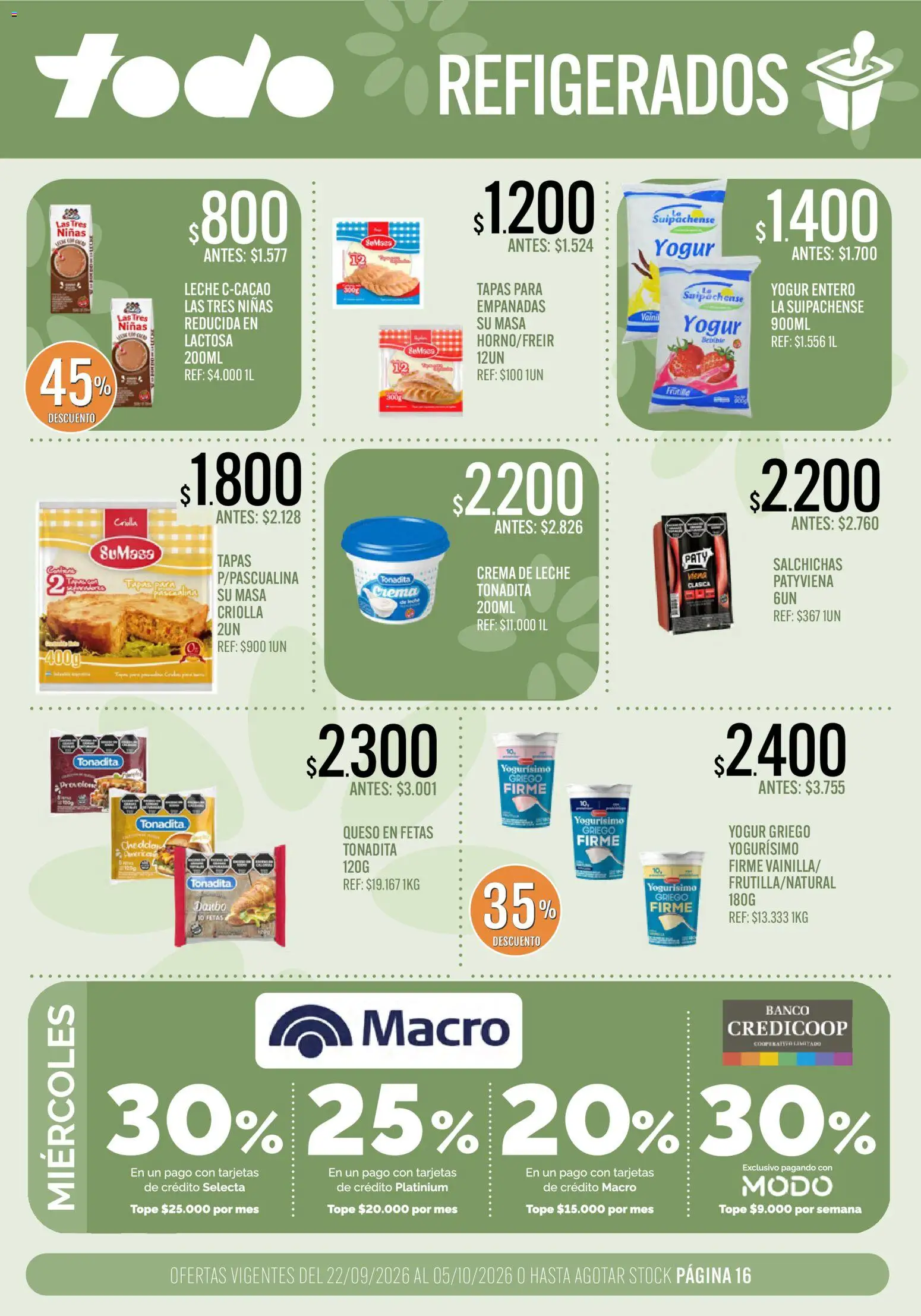 Supermercados TODO catálogo │ válido desde el 22/09/2026 | Página: 16 | Productos: Yogur griego, Crema de leche, Queso, Crema
