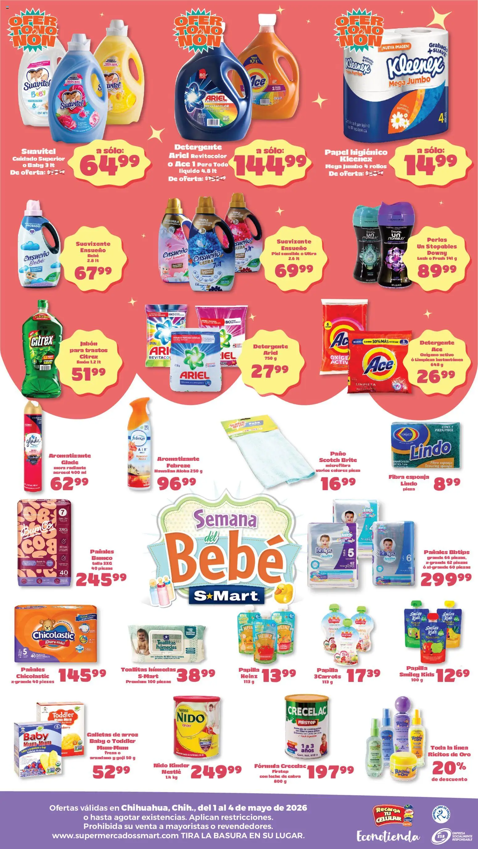 Nuevas ofertas de S-Mart válidas en toda la República Mexicana desde el 01.05.2026. ¡Encuentra las mejores ofertas en S-Mart folleto Ofertas de feria Chihuahua! | Página: 2 | Productos: Toallitas húmedas, Arroz, Suavizante, Papel higiénico