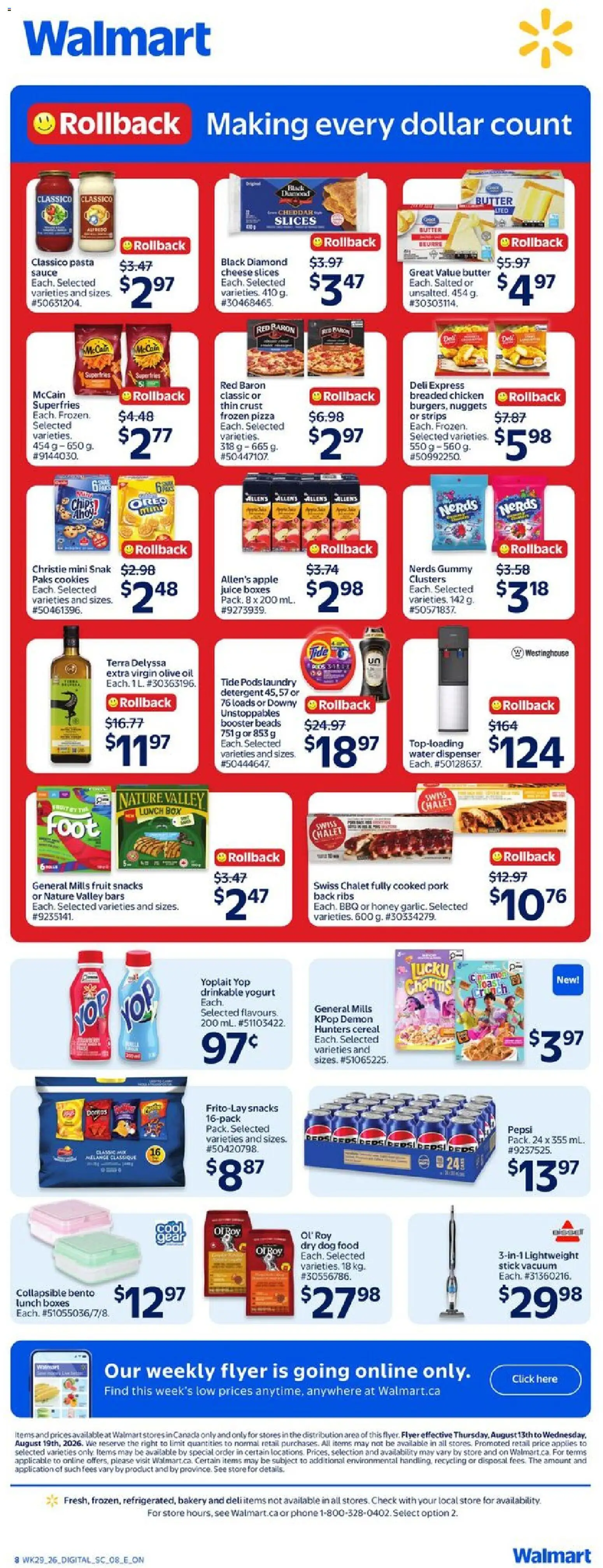 Walmart flyer valid from Aug 13, 2026 | Page: 2 | Products: Pork ribs, Water, Extra virgin olive oil, Snacks