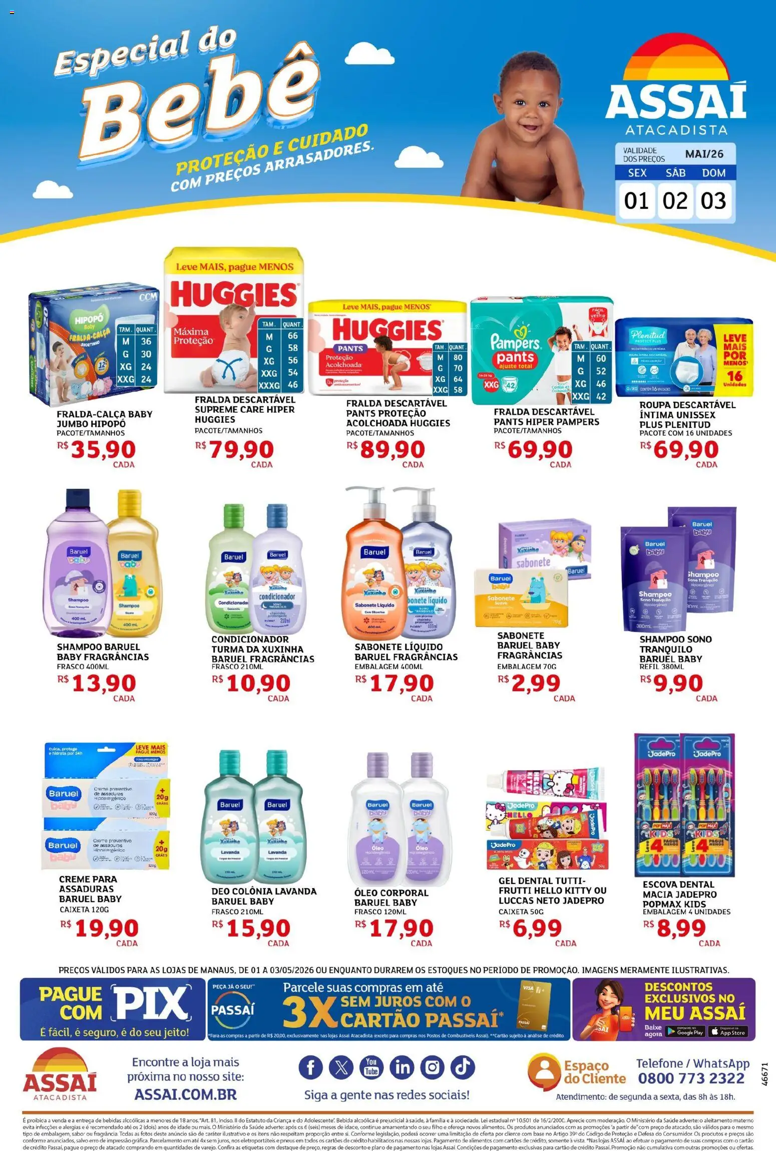 Assaí Atacadista Folheto - válido de 01.05.2026 | Página: 1 | Produtos: Base, Bebida, Telefone, Sabonete líquido