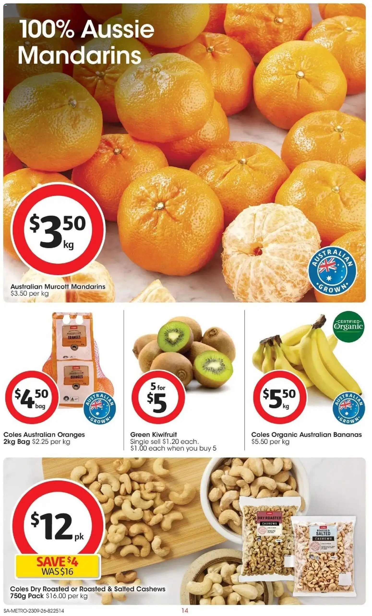 ﻿Coles catalogue valid from 23/09/2026 > Online Australia | Page: 14 | Products: Oranges, Bananas, Kiwifruit, Mandarins