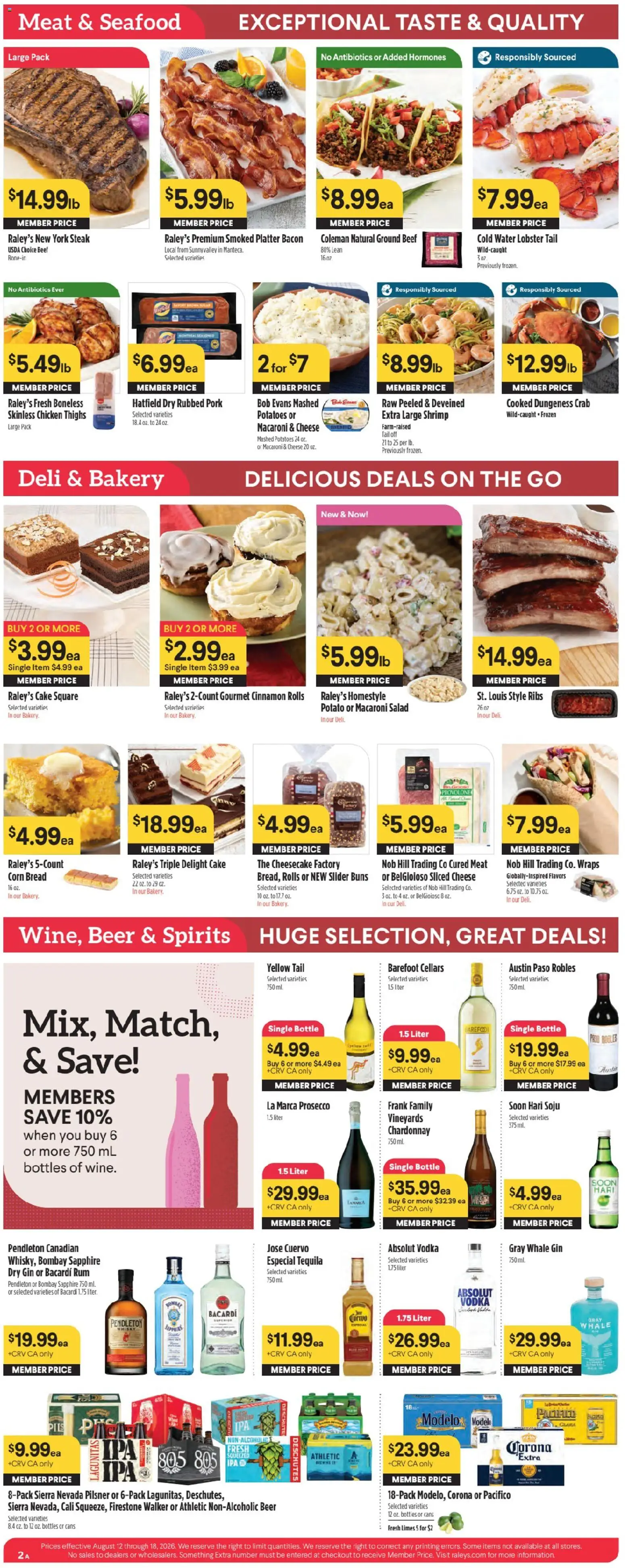 Raley's Weekly Ad - valid from 08/12/2026 | Page: 4 | Products: Absolut vodka, Beef, Chicken thighs, Steak