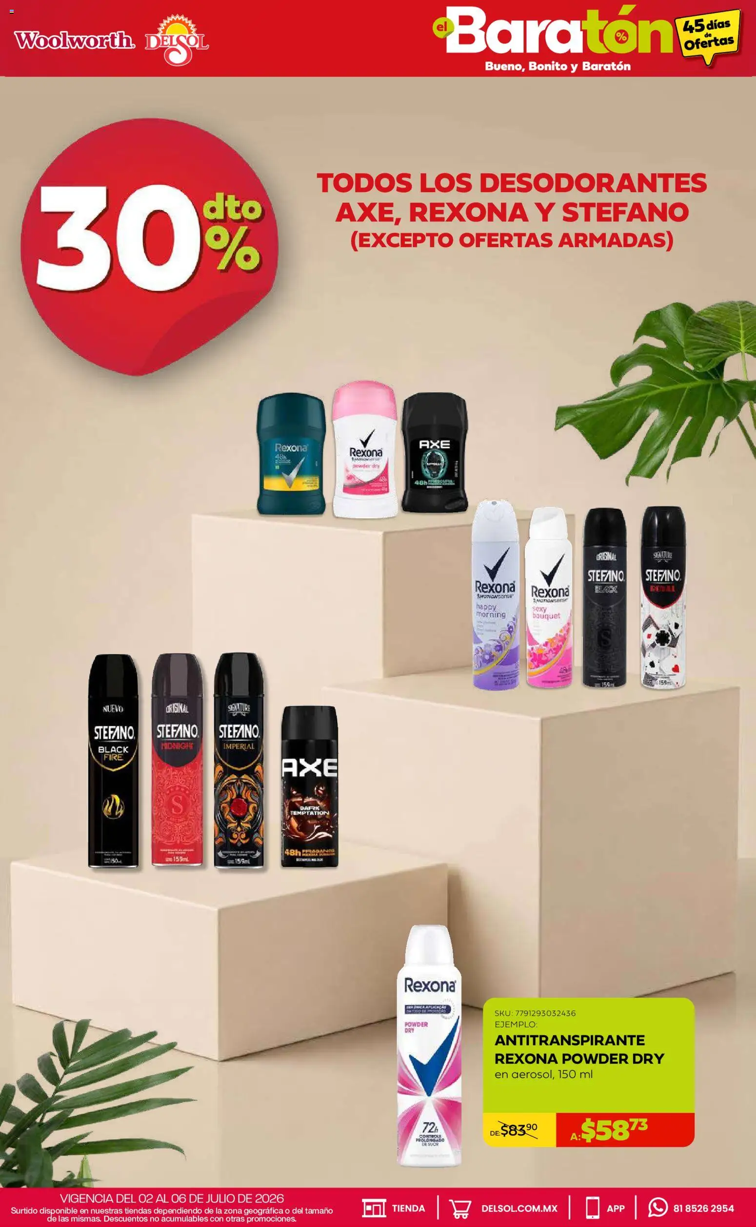 Nuevas ofertas de Del Sol y Woolworth válidas en toda la República Mexicana desde el 02/07/2026. ¡Encuentra las mejores ofertas en Del Sol y Woolworth catálogo Bueno, Bonito y Baratón! | Página: 11 | Productos: Antitranspirante