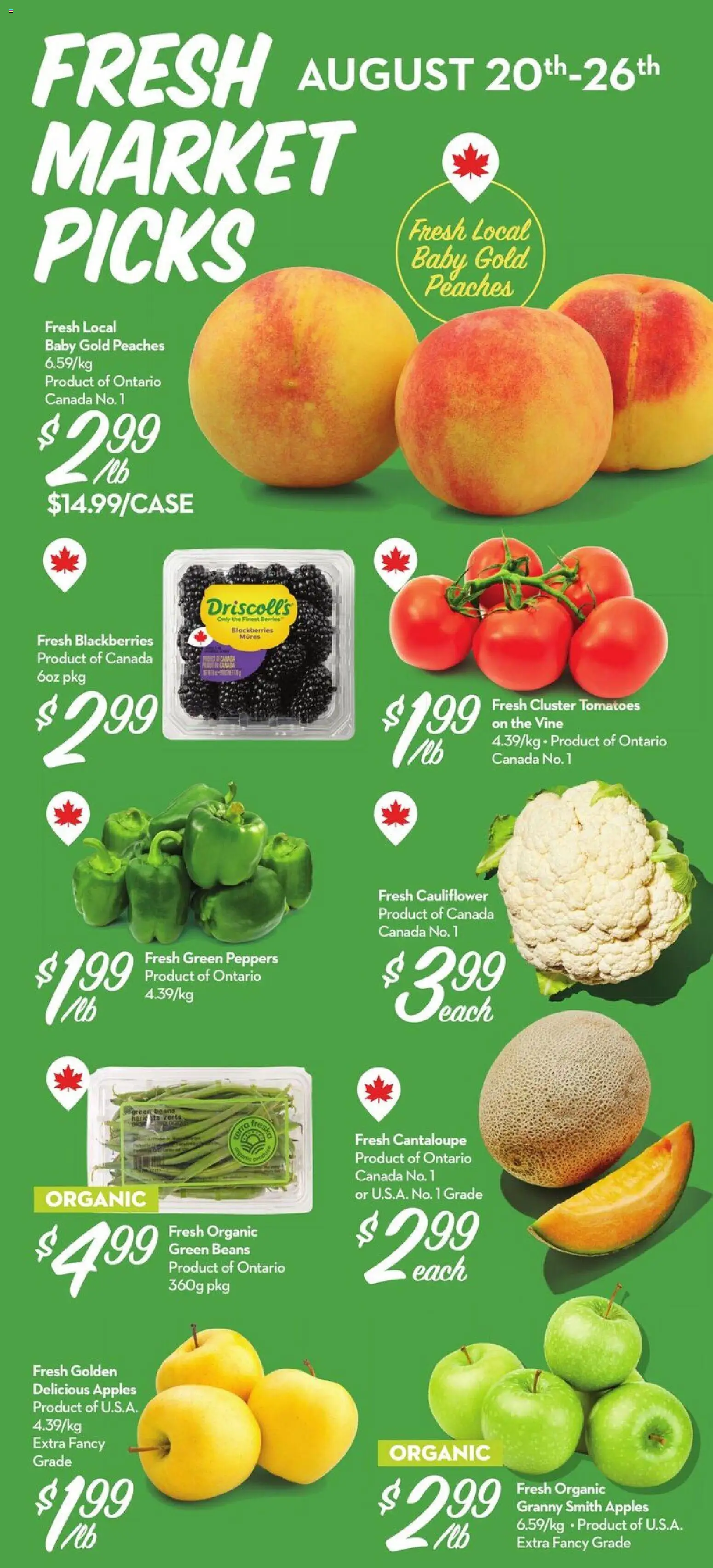 Longo's flyer valid from Aug 20, 2026 | Page: 2 | Products: Cauliflower, Beans, Apples, Tomatoes