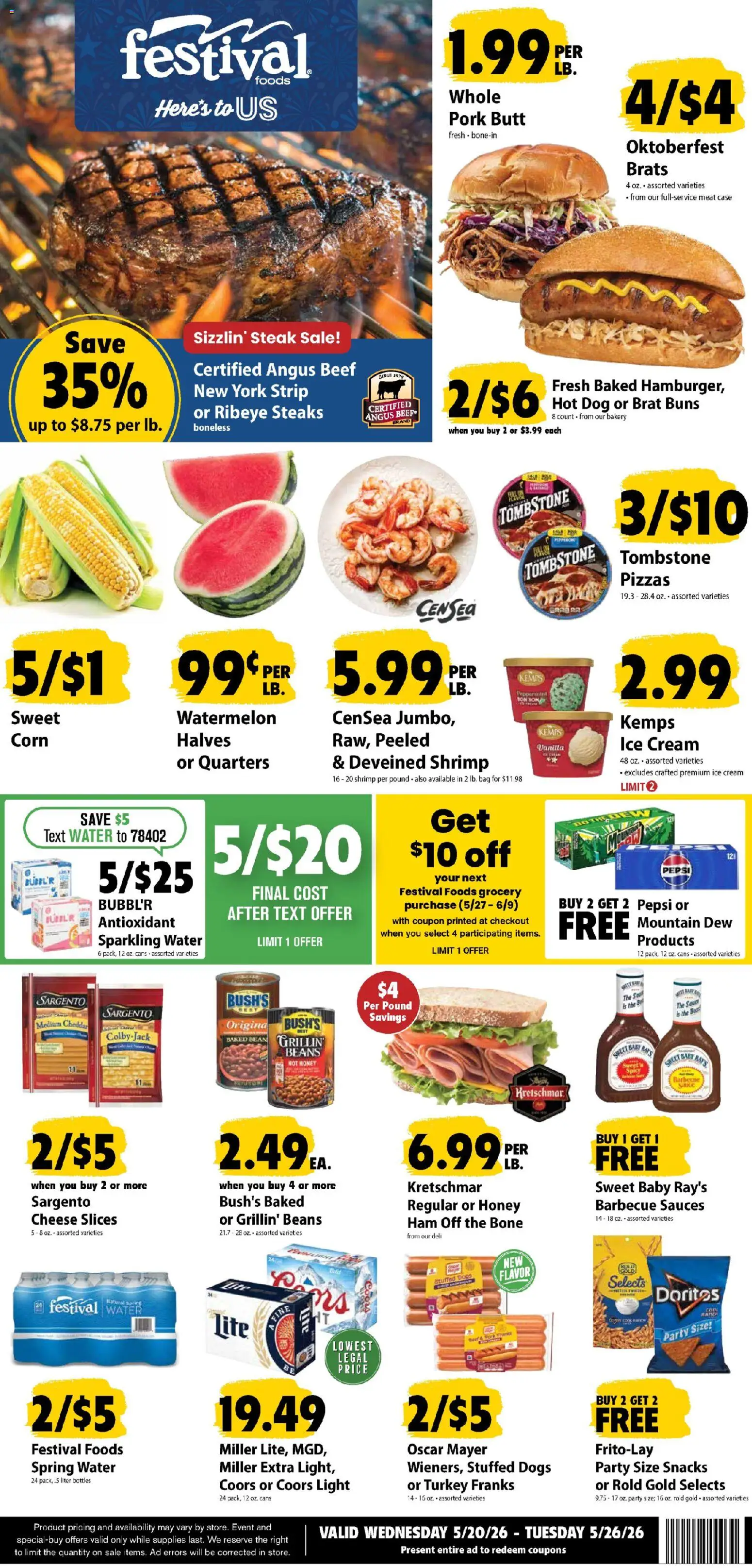 Festival Foods Weekly Ad - valid from 20.05.2026 | Page: 1 | Products: Corn, Cheese, Pork, Case