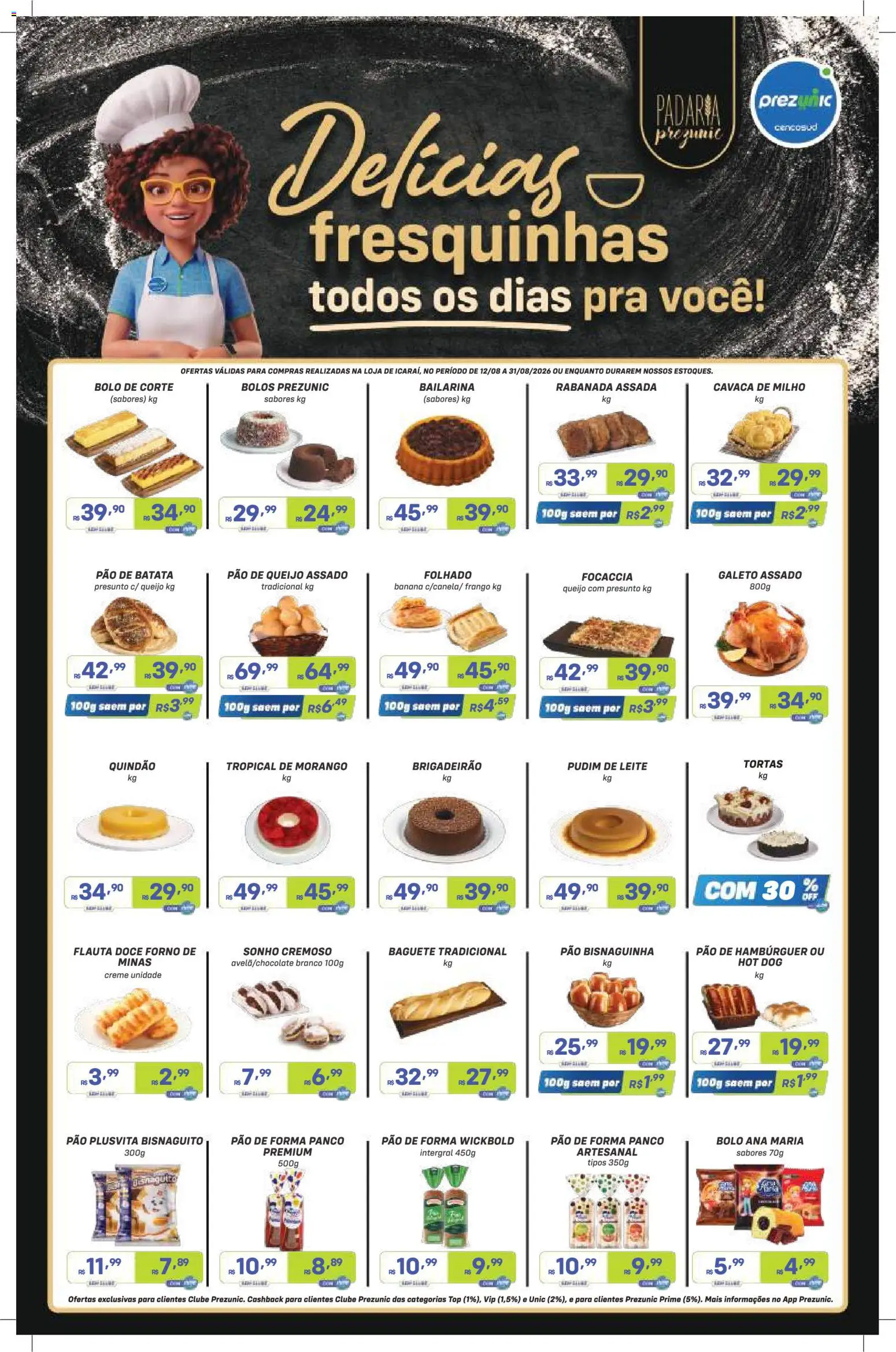 Prezunic Folheto - válido de 12/08/2026 | Página: 6 | Produtos: Baguete, Presunto, Pão de forma, Doce