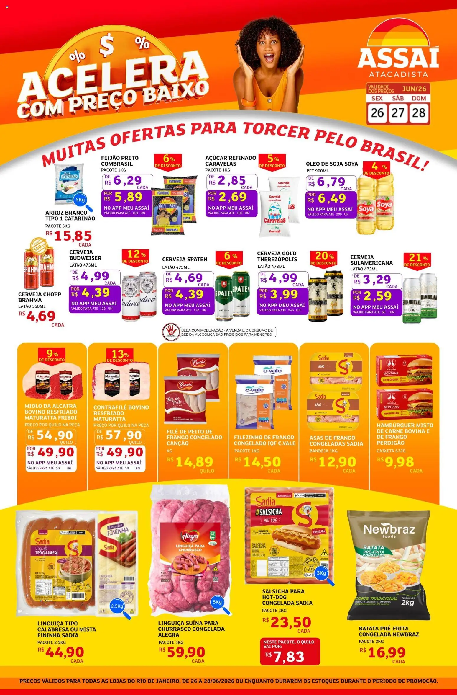 Assaí Atacadista Folheto - válido de 26/06/2026 | Página: 1 | Produtos: Feijão, Linguiça, Baixo, Bebida
