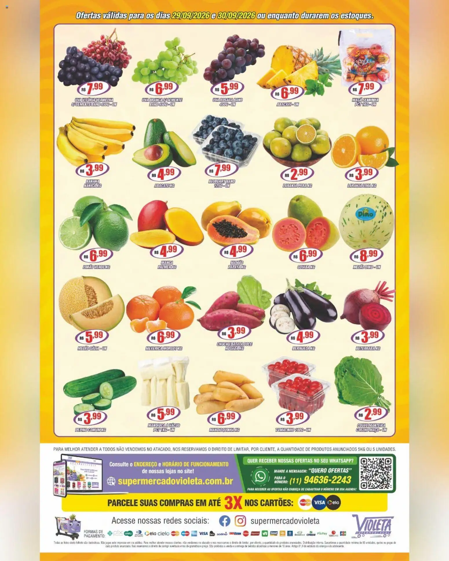 Violeta Supermercados Folheto - válido de 29/09/2026 | Página: 4 | Produtos: Berinjela, Mandioca, Coelho, Doce