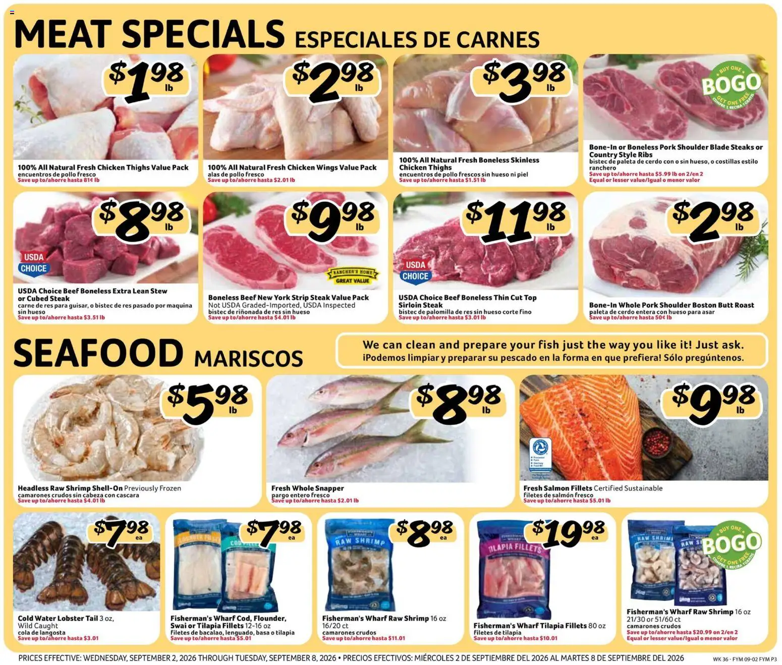 Fresco y Más Weekly Ad - valid from 09/02/2026 | Page: 3 | Products: Boneless pork shoulder, Shrimp, Pork, Water