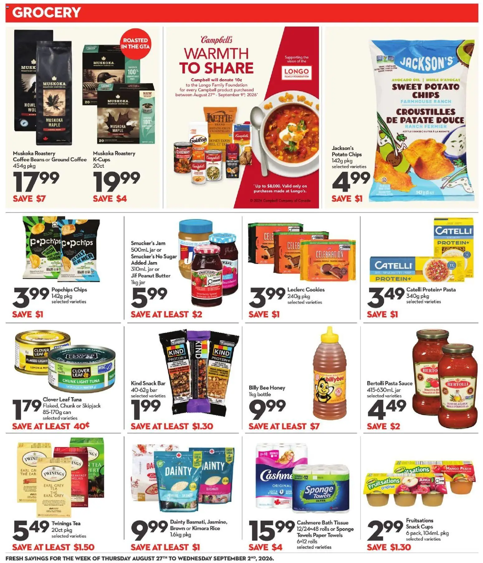 Longo's flyer valid from Aug 27, 2026 | Page: 10 | Products: Mango, Jam, Olive oil, Protein