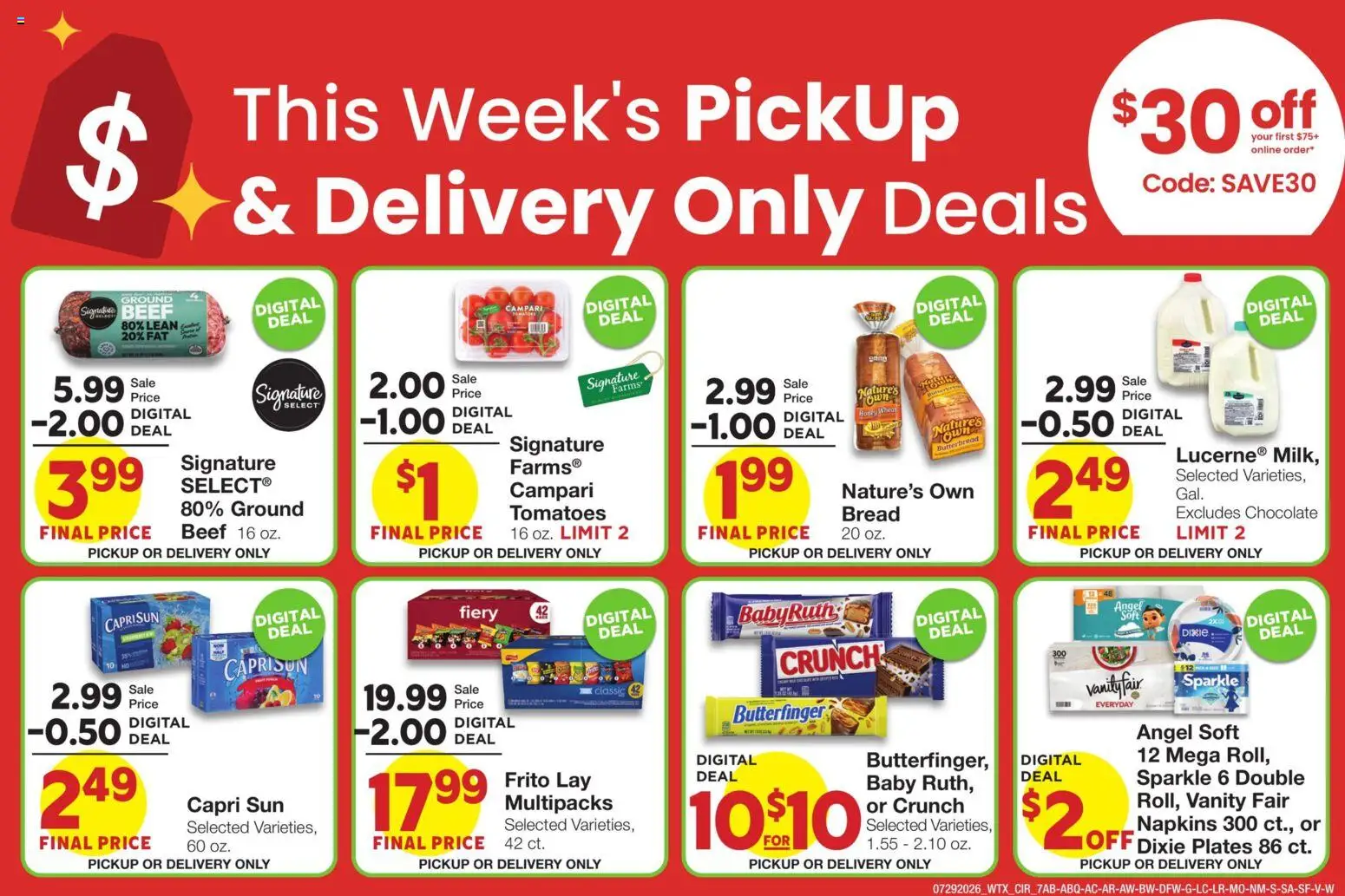 United Supermarkets Weekly Ad - valid from 07/29/2026 | Page: 7 | Products: Bread, Chocolate, Tomatoes, Beef