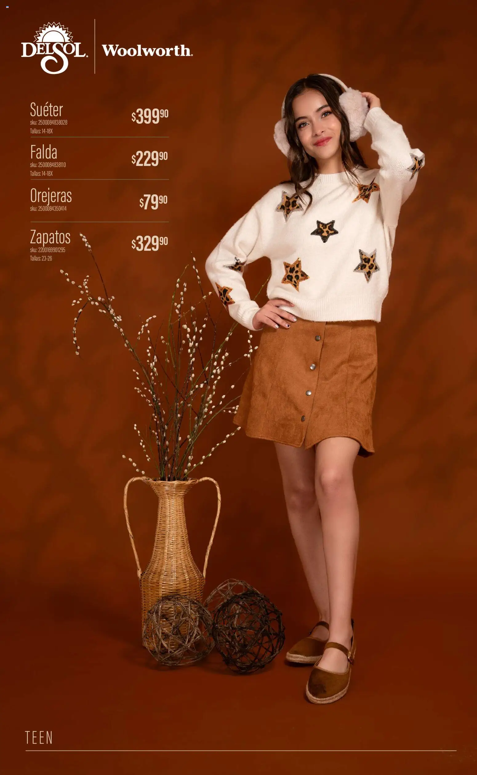 Nuevas ofertas de Del Sol y Woolworth válidas en toda la República Mexicana desde el 01/10/2026. ¡Encuentra las mejores ofertas en Del Sol y Woolworth catálogo Luce el Otoño! | Página: 26 | Productos: Suéter, Zapatos, Falda, Orejeras