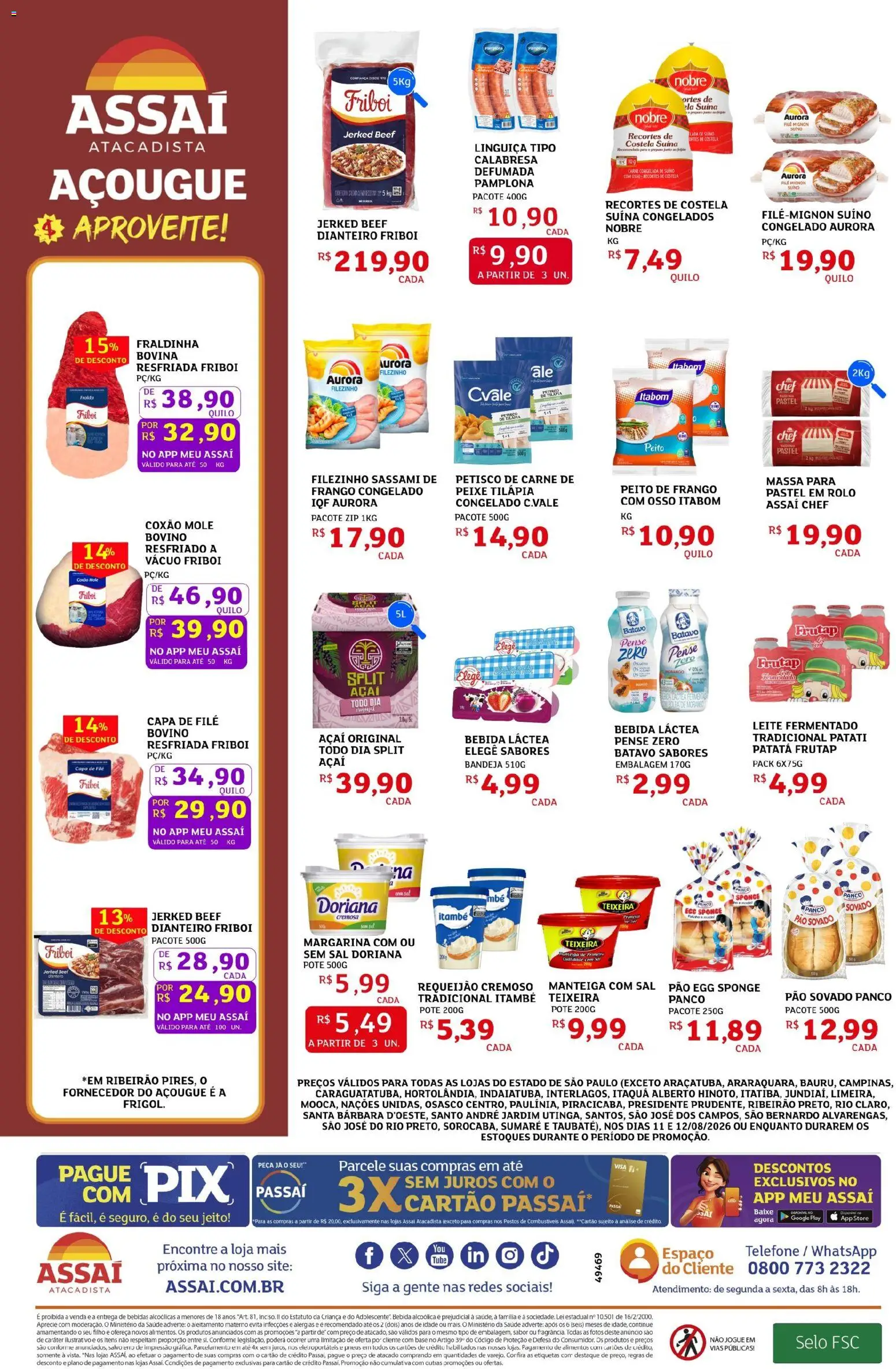 Assaí Atacadista Folheto - válido de 11/08/2026 | Página: 2 | Produtos: Linguiça, Filé mignon, Fraldinha, Leite