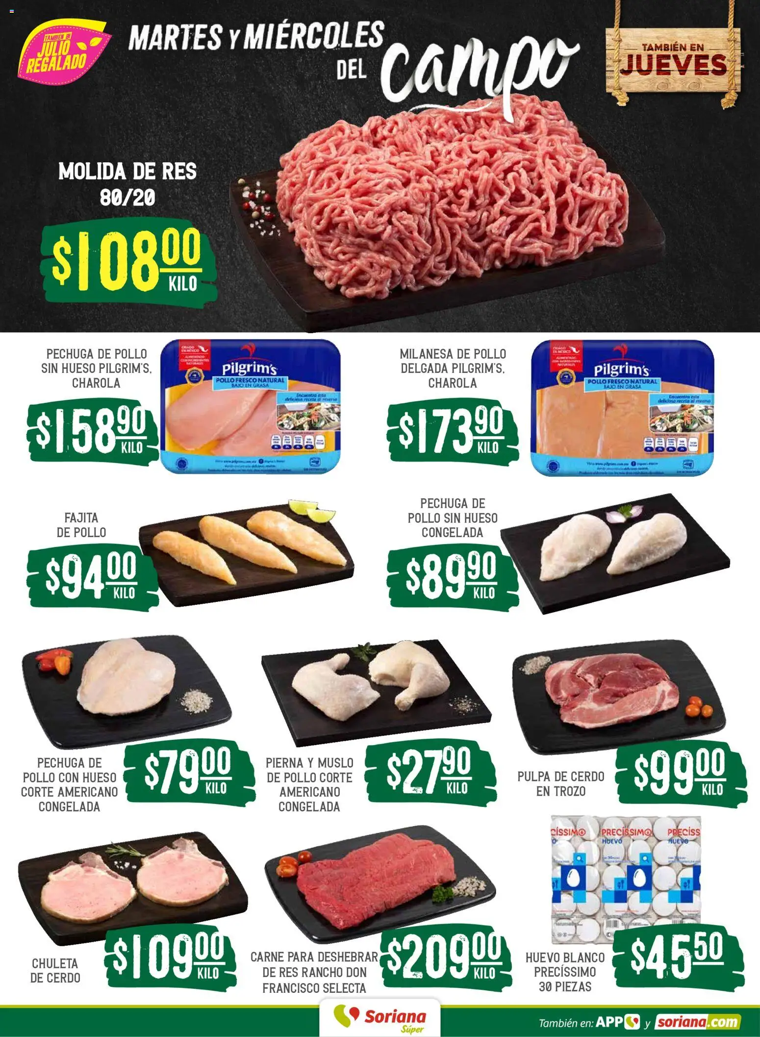 Nuevas ofertas de Soriana válidas en toda la República Mexicana desde el 26.05.2026. ¡Encuentra las mejores ofertas en Soriana Martes y Miércoles del Campo Súper: Juárez! | Página: 4 | Productos: Pollo, Milanesa, Huevo, Res