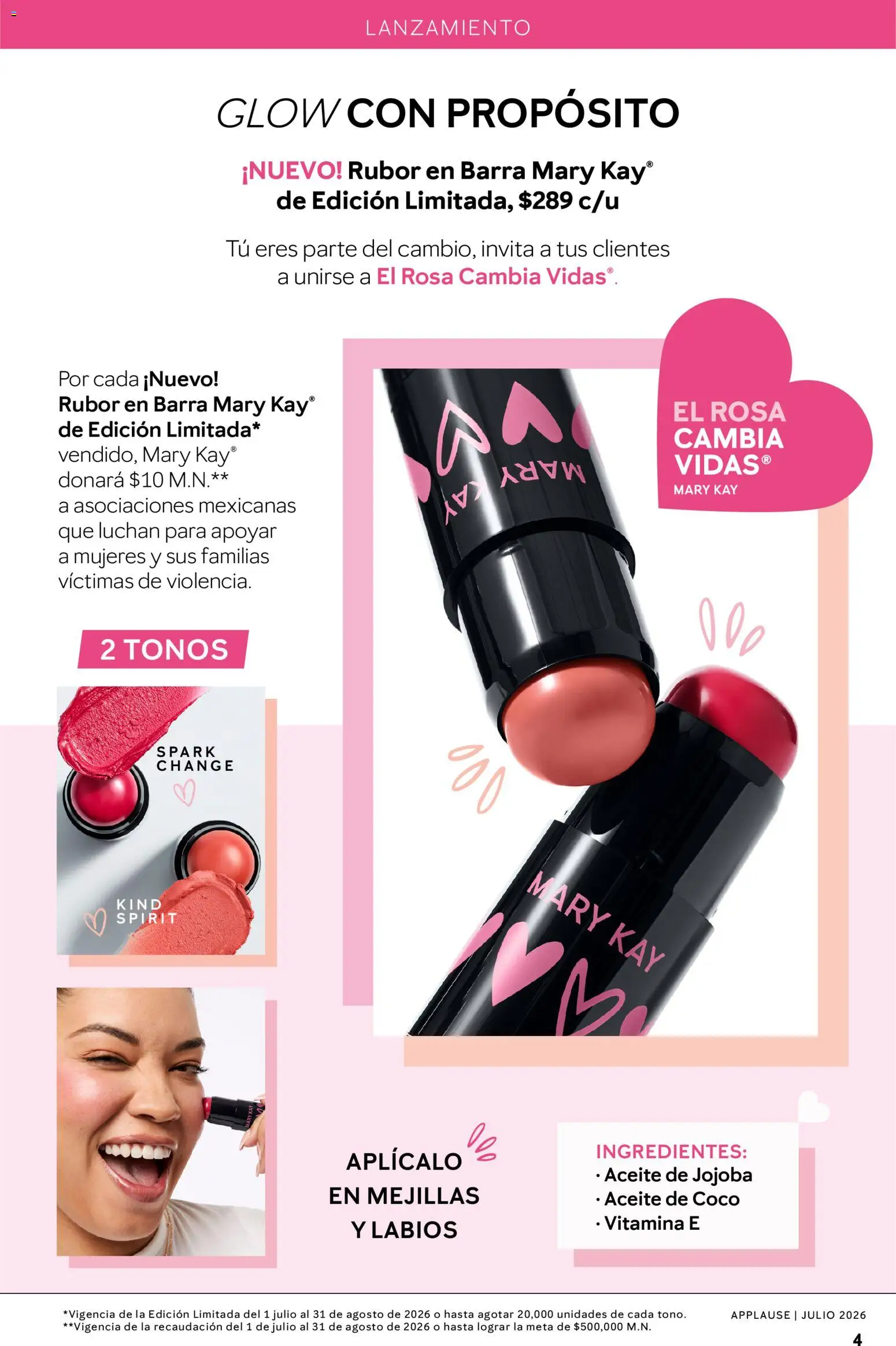 Nuevas ofertas de Mary Kay válidas en toda la República Mexicana desde el 01/07/2026. ¡Encuentra las mejores ofertas en Catálogo Mary Kay Applause 2026! | Página: 4 | Productos: Aceite, Barra, Rubor