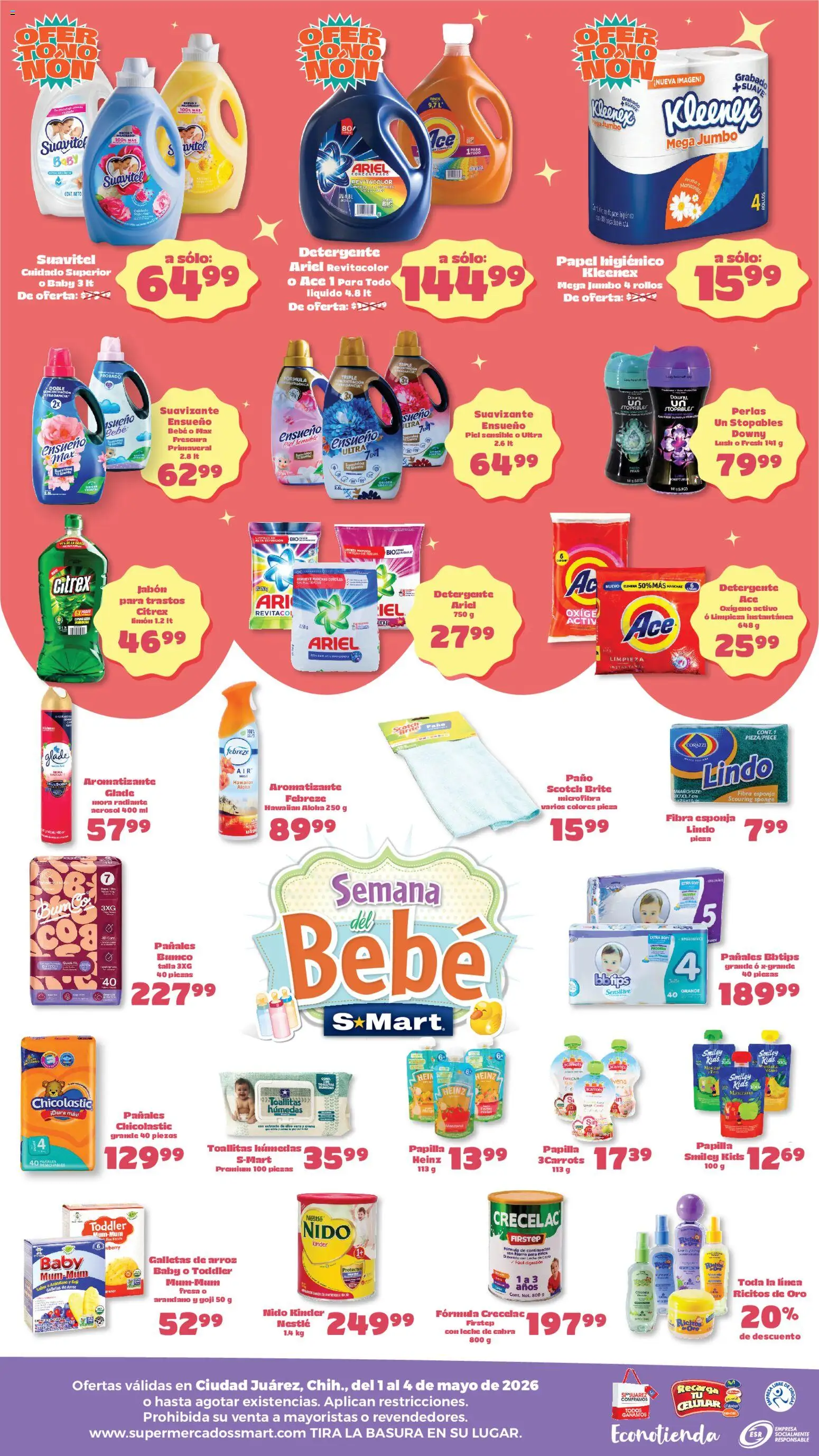 Nuevas ofertas de S-Mart válidas en toda la República Mexicana desde el 01.05.2026. ¡Encuentra las mejores ofertas en S-Mart folleto Ofertas de feria Juárez! | Página: 2 | Productos: Suavizante, Pañales, Papel higiénico, Fragancia