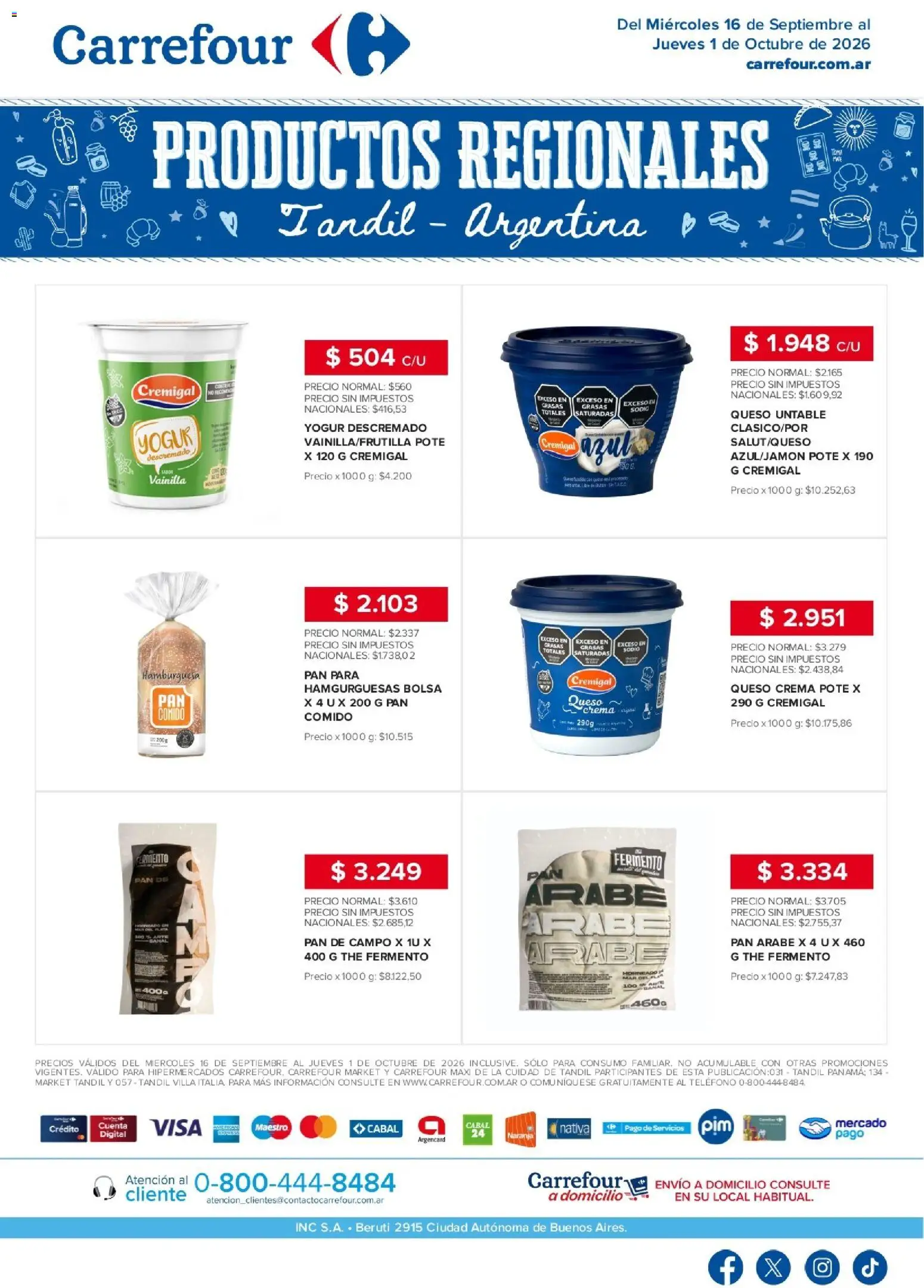 Carrefour - Regionales | Tandil │ válido desde el 16/09/2026 | Página: 1 | Productos: Teléfono, Vainilla, Yogur descremado, Pan de campo