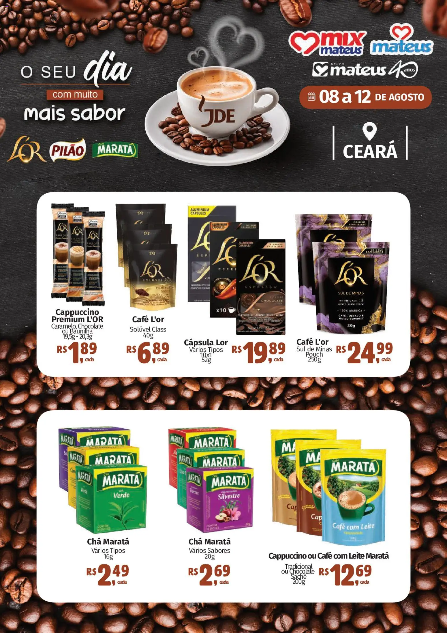 Mateus Folheto - válido de 08/08/2026 | Página: 1 | Produtos: Leite, Café, Chocolate, Chá
