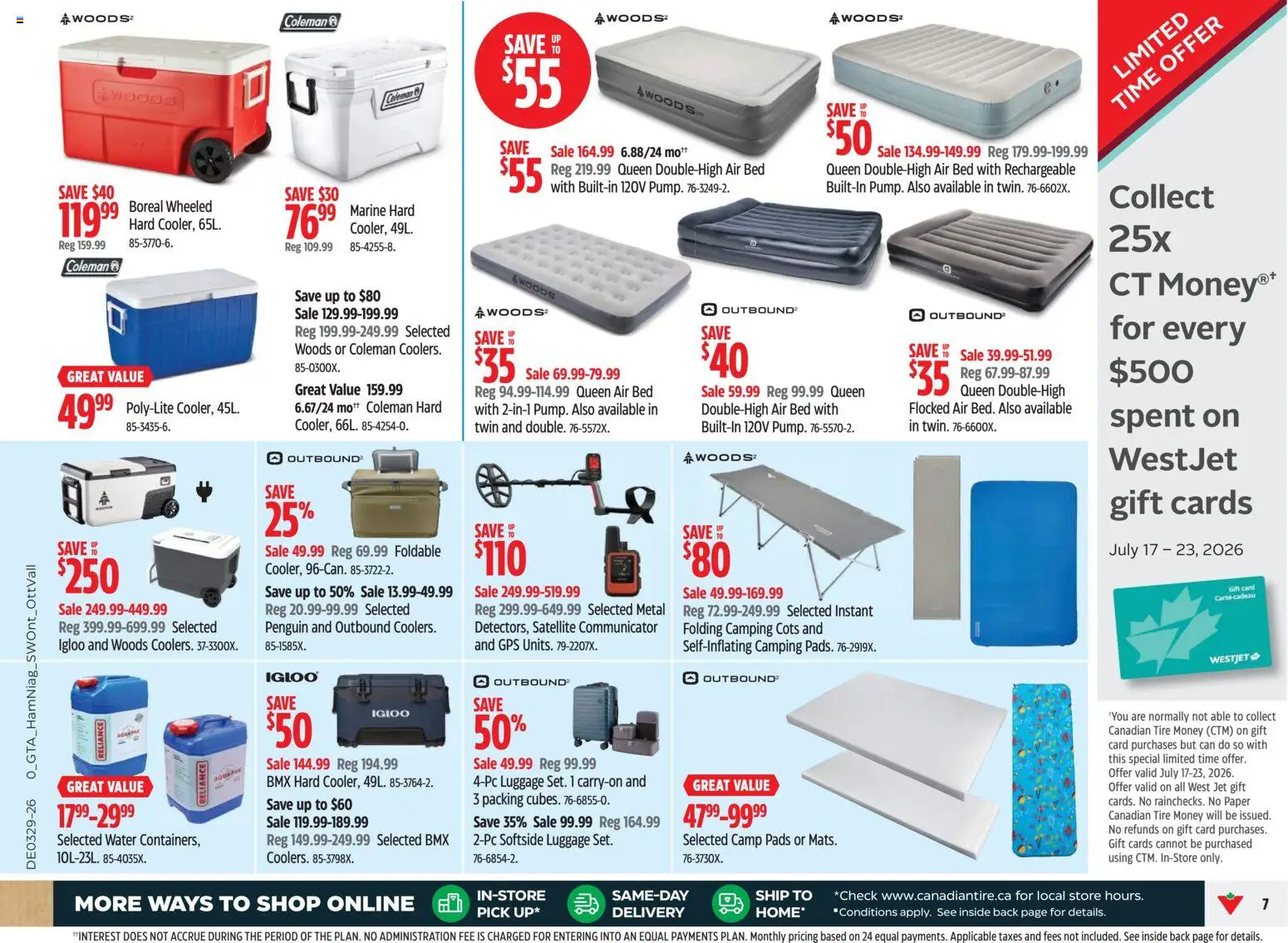 Canadian Tire flyer valid from Jul 16, 2026 | Page: 7 | Products: Luggage, Water, Satellite, Bed