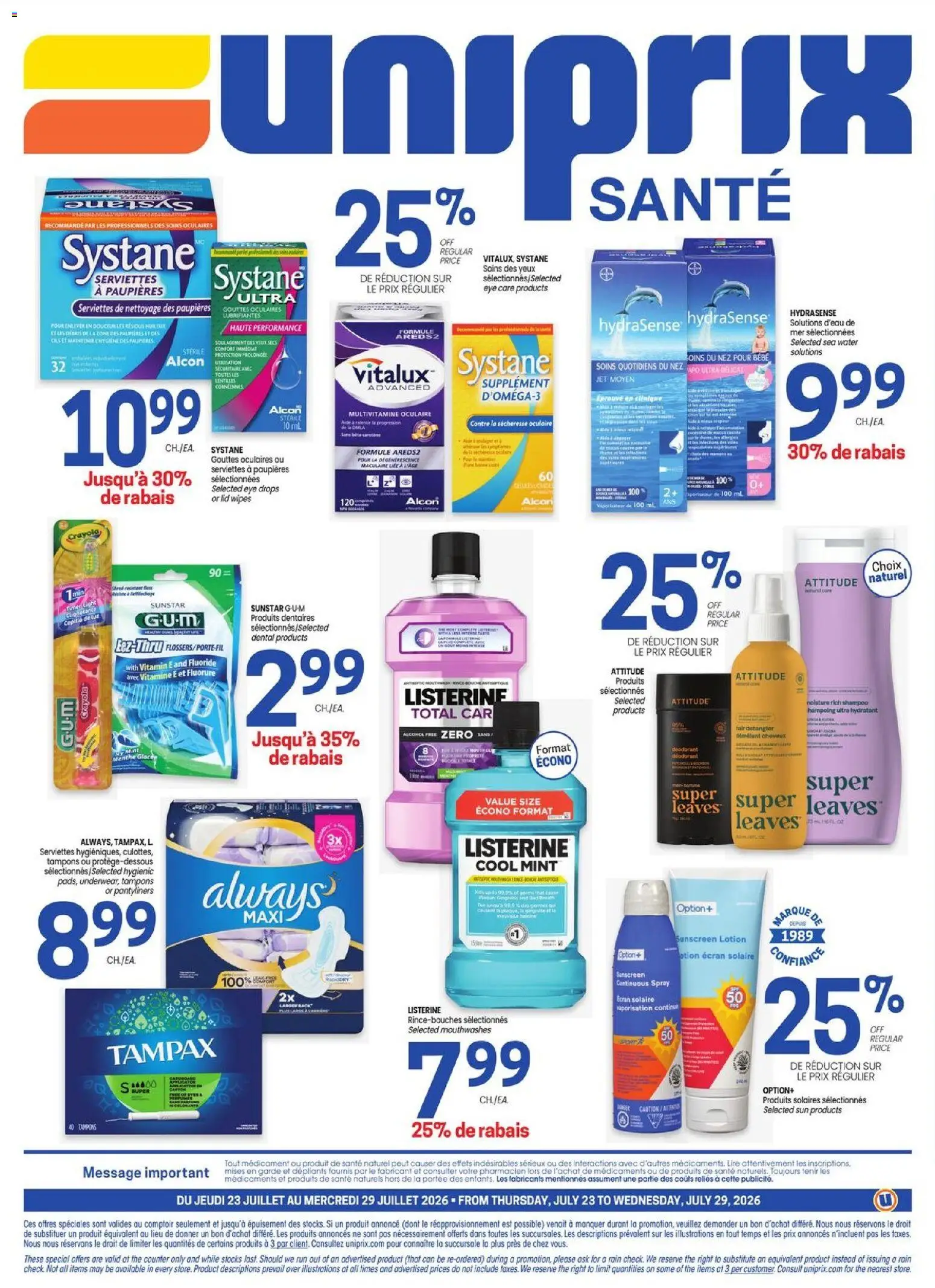 Uniprix flyer valid from Jul 23, 2026 | Page: 4 | Products: Shampoo, Sunscreen, Deodorant