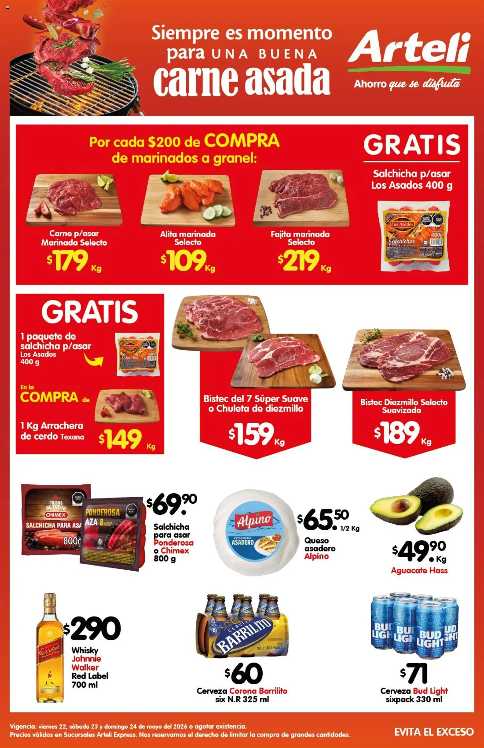 Nuevas ofertas de Arteli válidas en toda la República Mexicana desde el 22.05.2026. ¡Encuentra las mejores ofertas en Arteli folleto Carne Express! | Página: 1 | Productos: Queso, Cerveza, Cerdo, Whisky