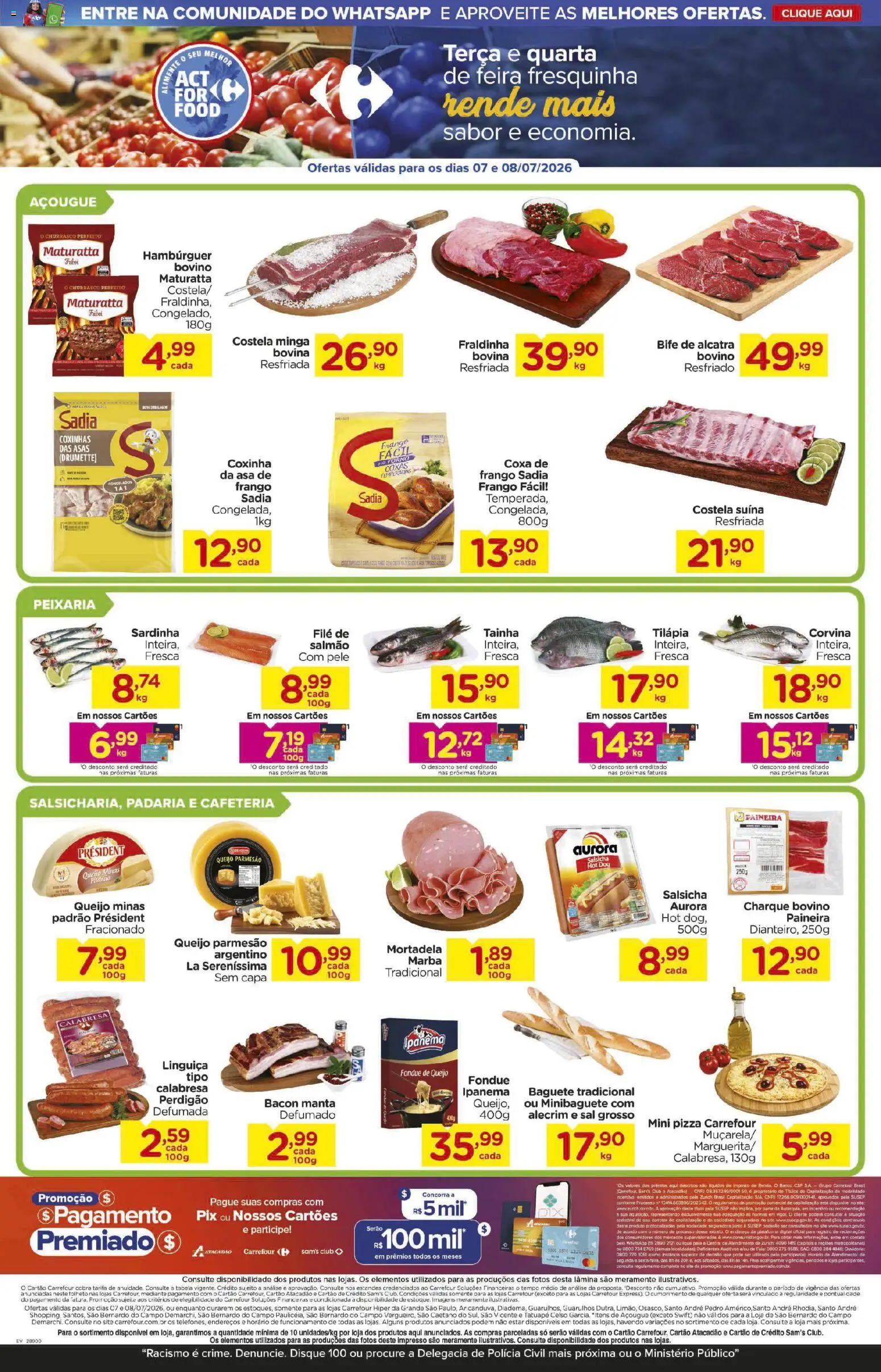 Carrefour Folheto - válido de 07/07/2026 | Página: 2 | Produtos: Salsicha, Tilápia, Parmesão, Frango