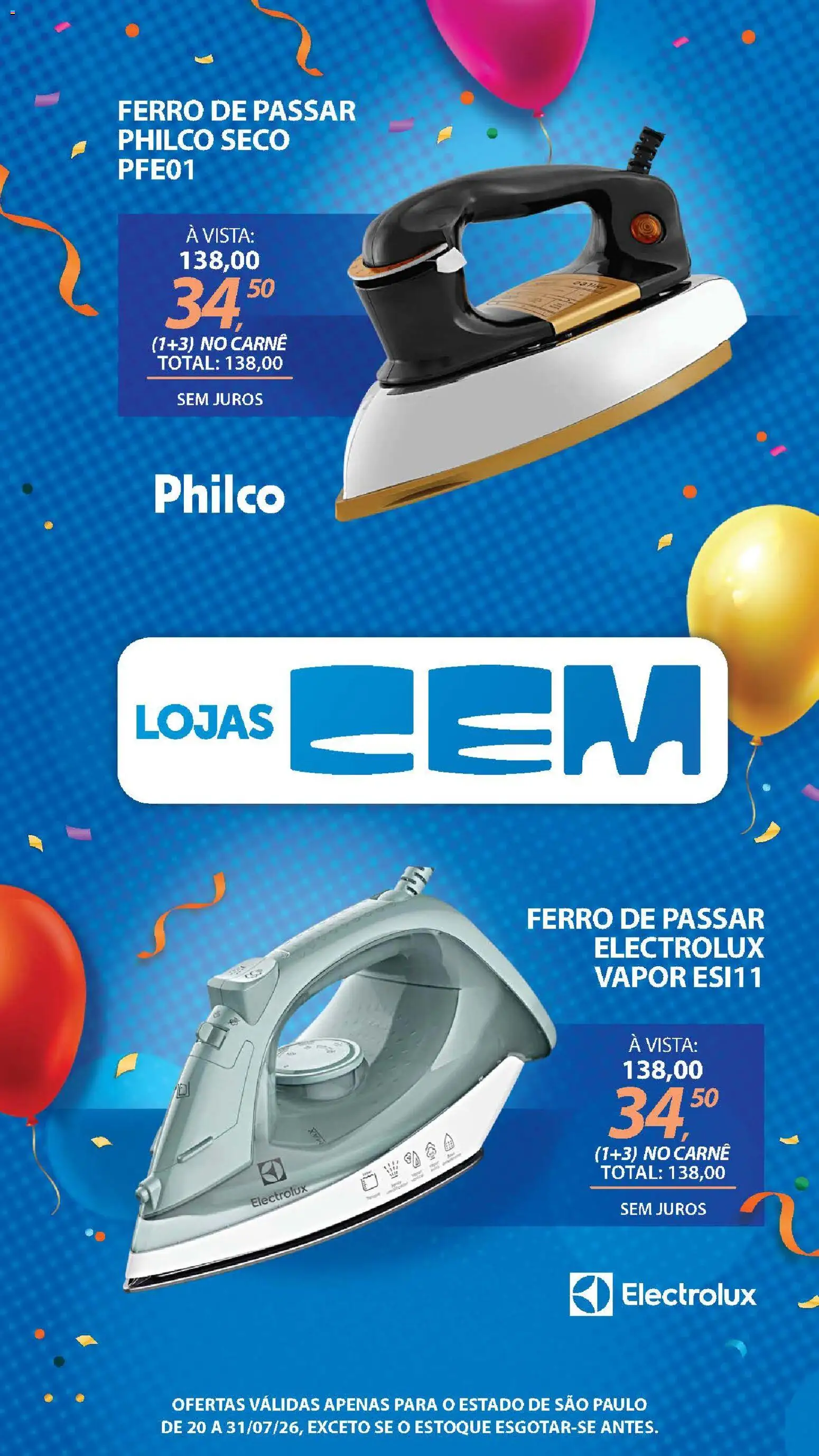 Lojas Cem Folheto - válido de 20/07/2026 | Página: 119 | Produtos: Ferro, Ferro de passar, Carne