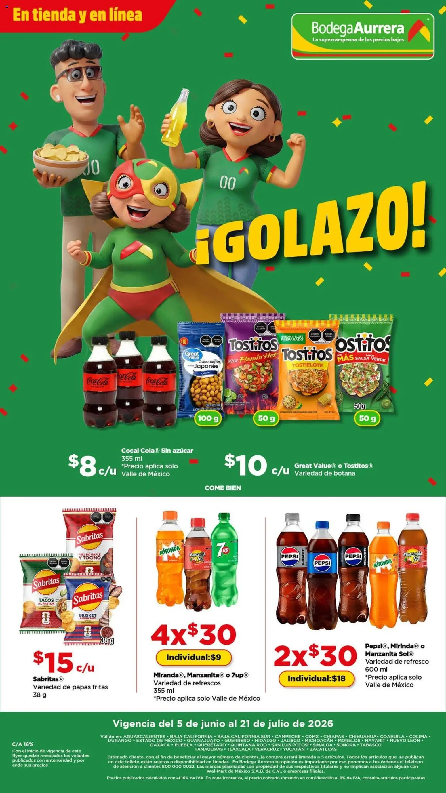 Nuevas ofertas de Bodega Aurrerá válidas en toda la República Mexicana desde el 05.06.2026. ¡Encuentra las mejores ofertas en Bodega Aurrerá folleto Golazo! | Página: 14 | Productos: Azúcar, Refresco, Papas fritas, Teléfono