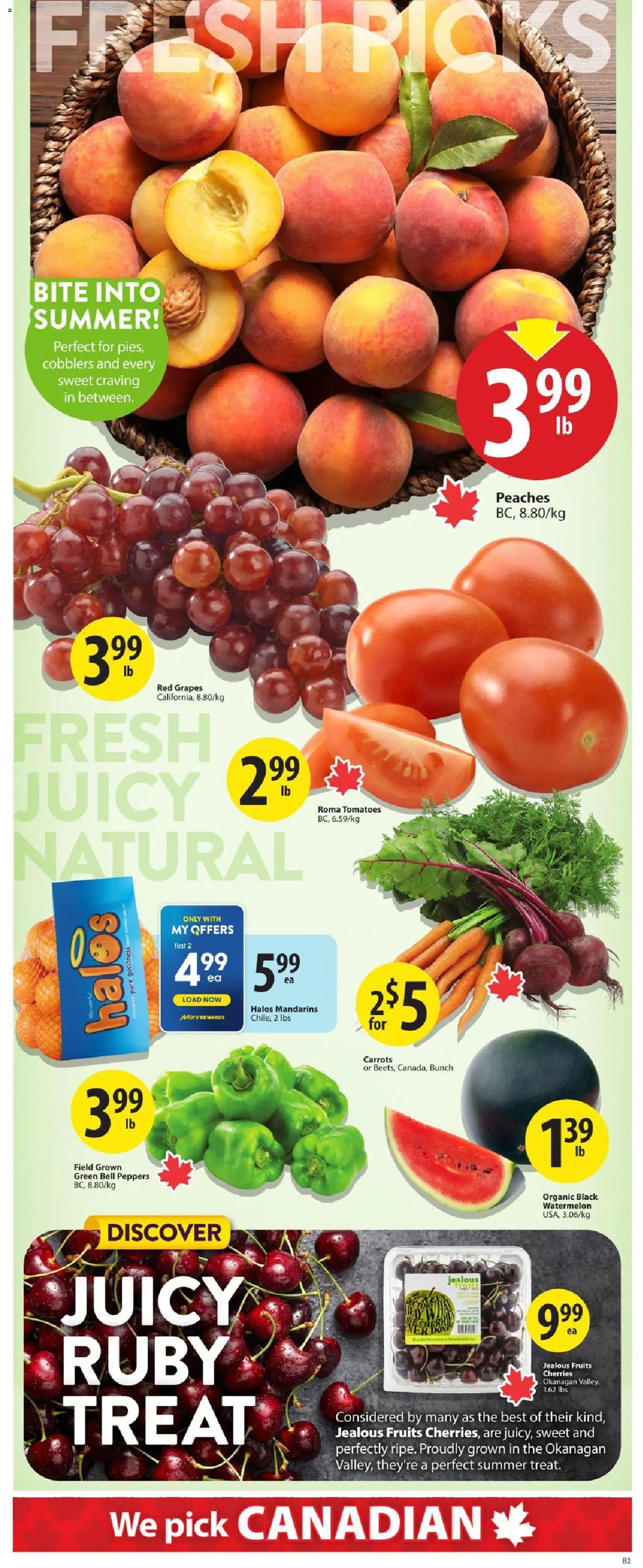 Save on foods flyer valid from Aug 6, 2026 | Page: 3 | Products: Peaches, Carrots, Watermelon, Grapes