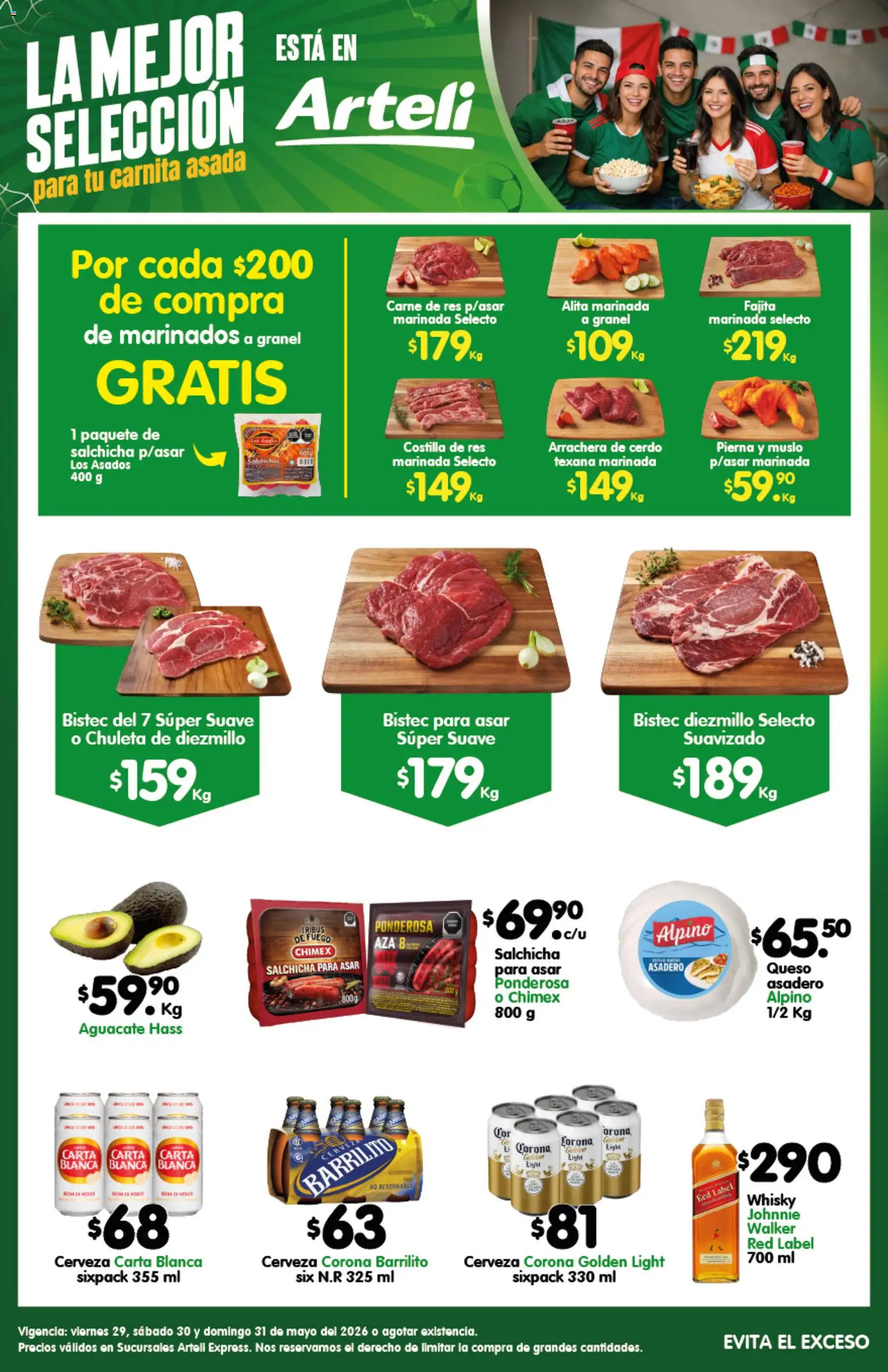 Nuevas ofertas de Arteli válidas en toda la República Mexicana desde el 29.05.2026. ¡Encuentra las mejores ofertas en Arteli folleto Carne Express! | Página: 1 | Productos: Salchicha, Cerveza, Cerdo, Res